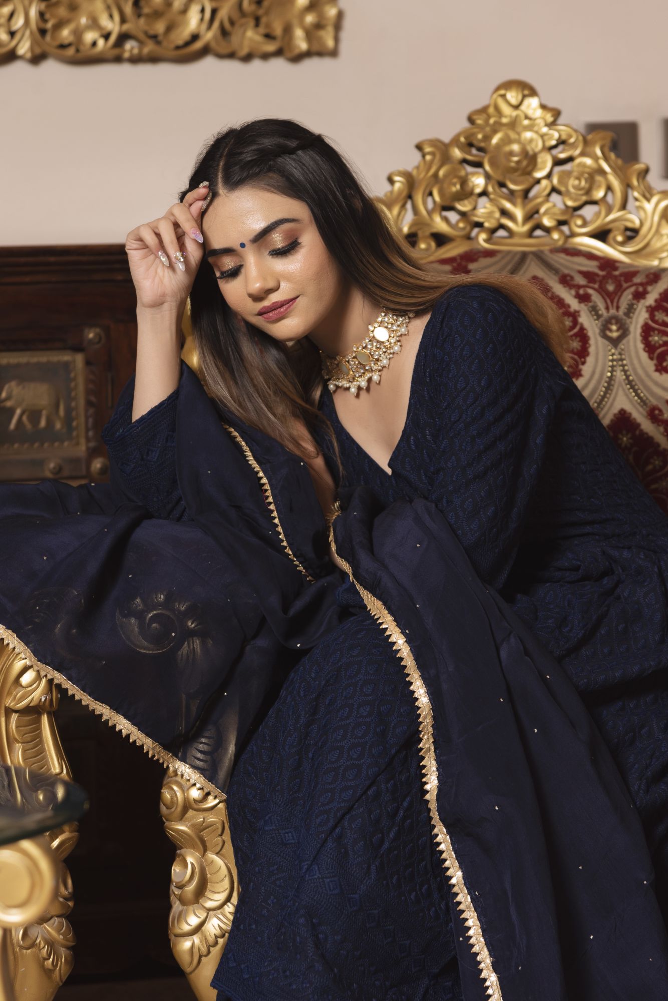 Royal Blue Chikankari Anarkali Suit Set