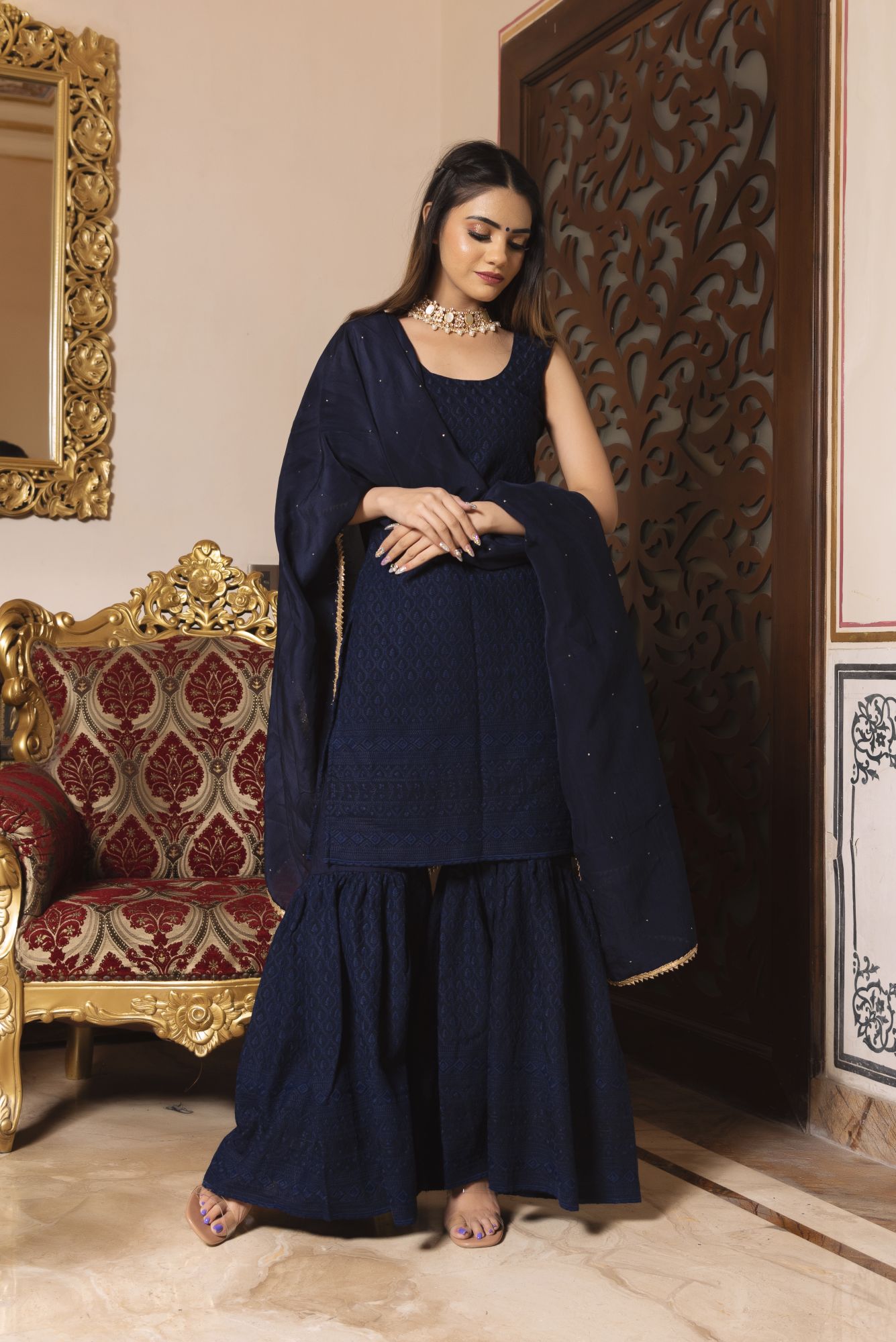 Royal Blue Chikankari Sharara Set