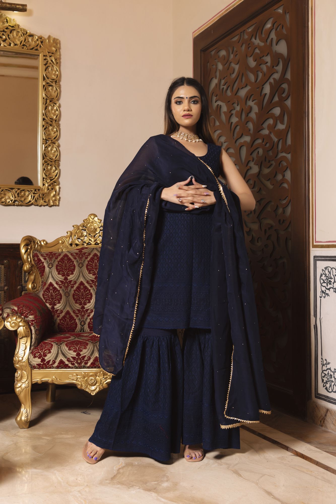 Royal Blue Chikankari Sharara Set