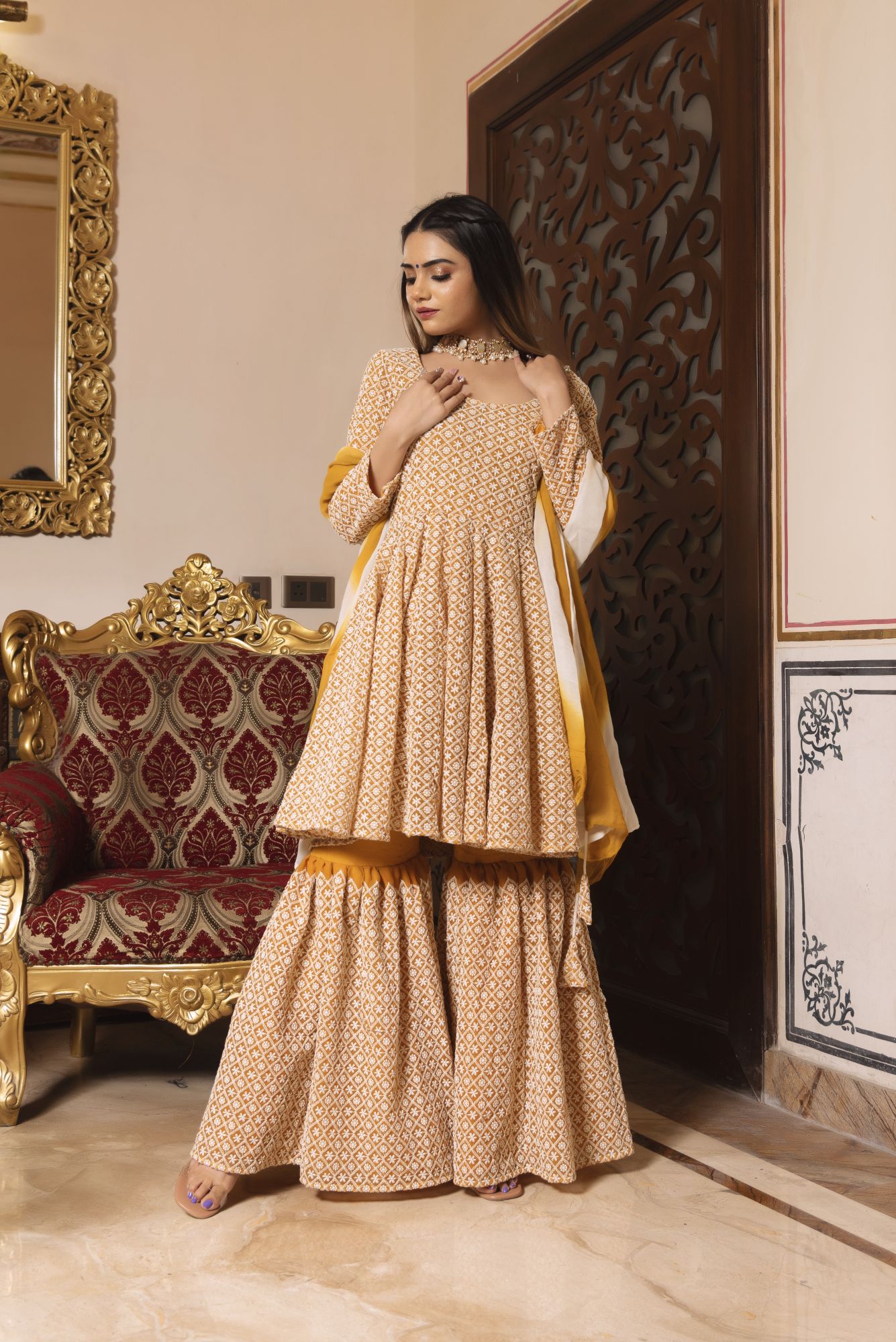Mustard Tart Chikankari Full Sleeves Sharara Set
