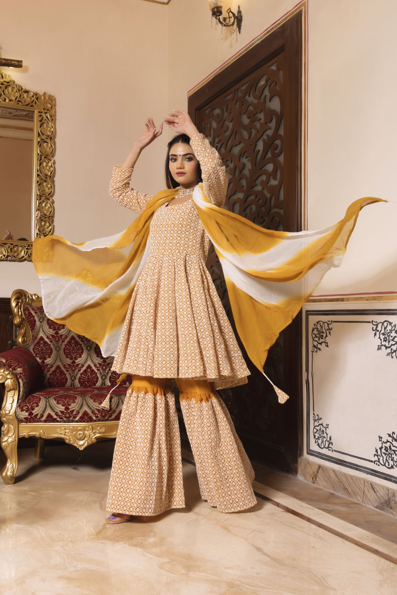Mustard Tart Chikankari Full Sleeves Sharara Set