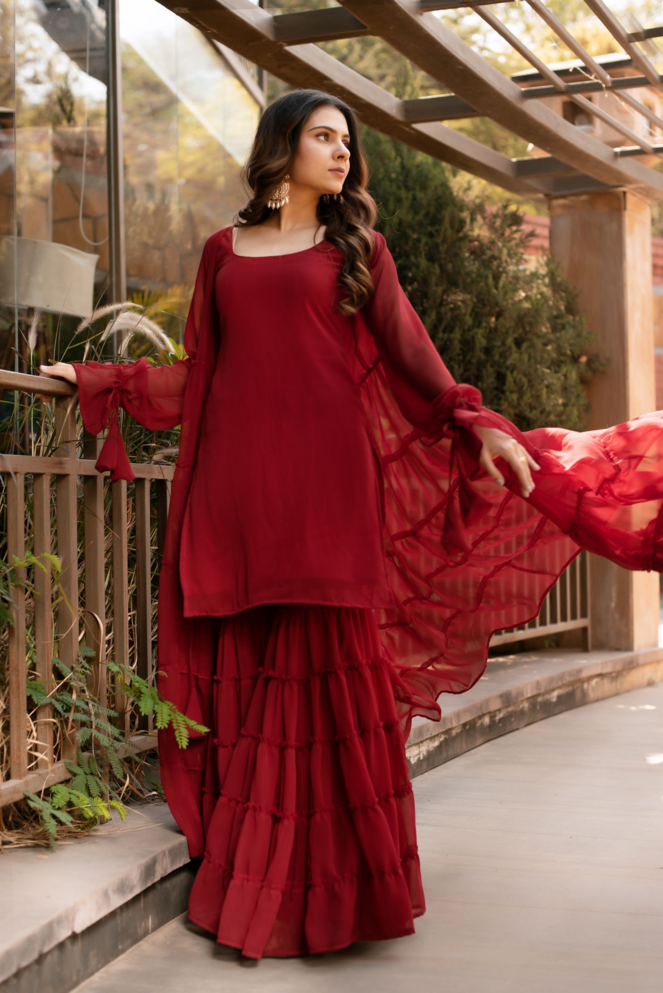 Maroon Georgette Sharara Shrug Set