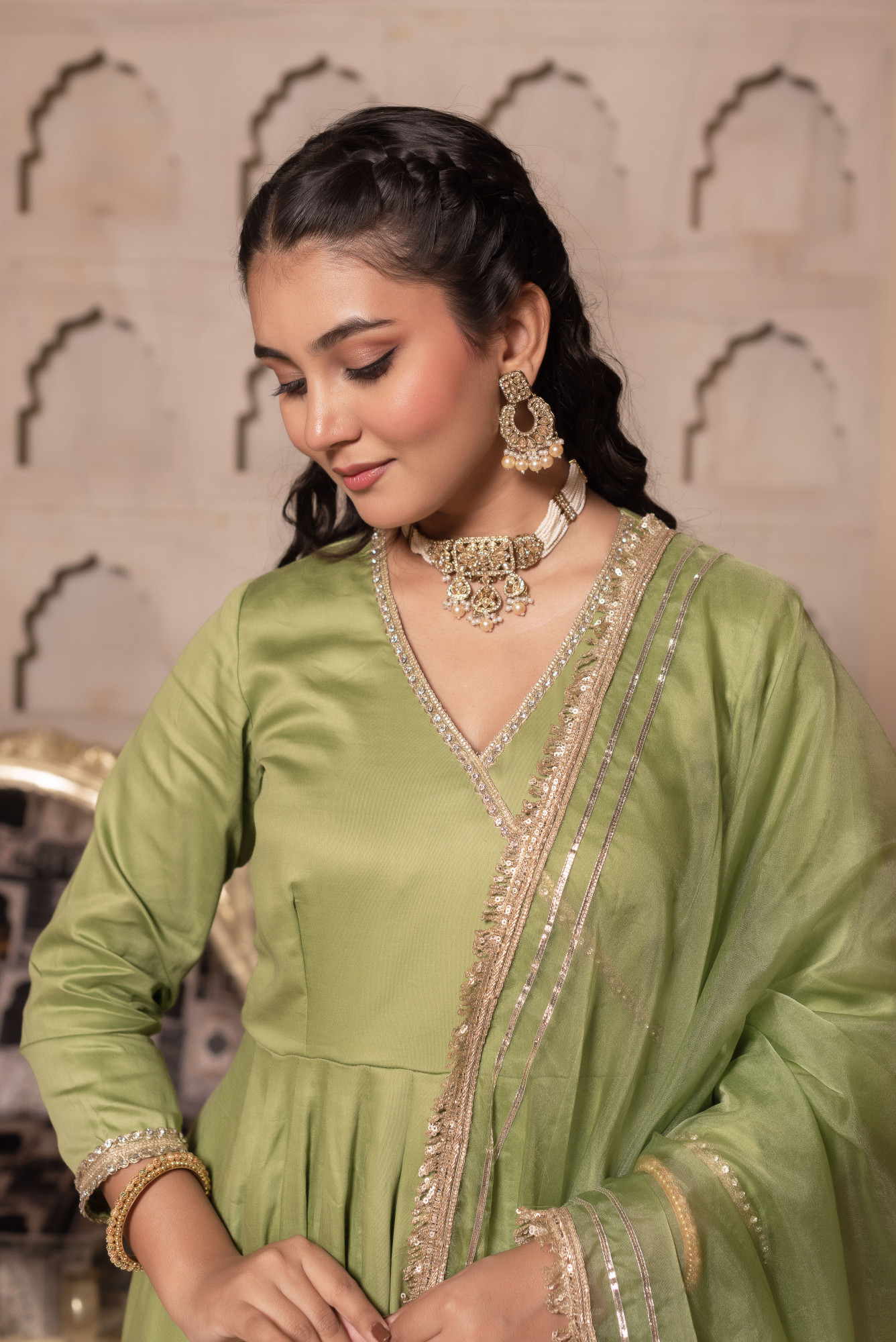 Pista Green Angrakha Suit Set