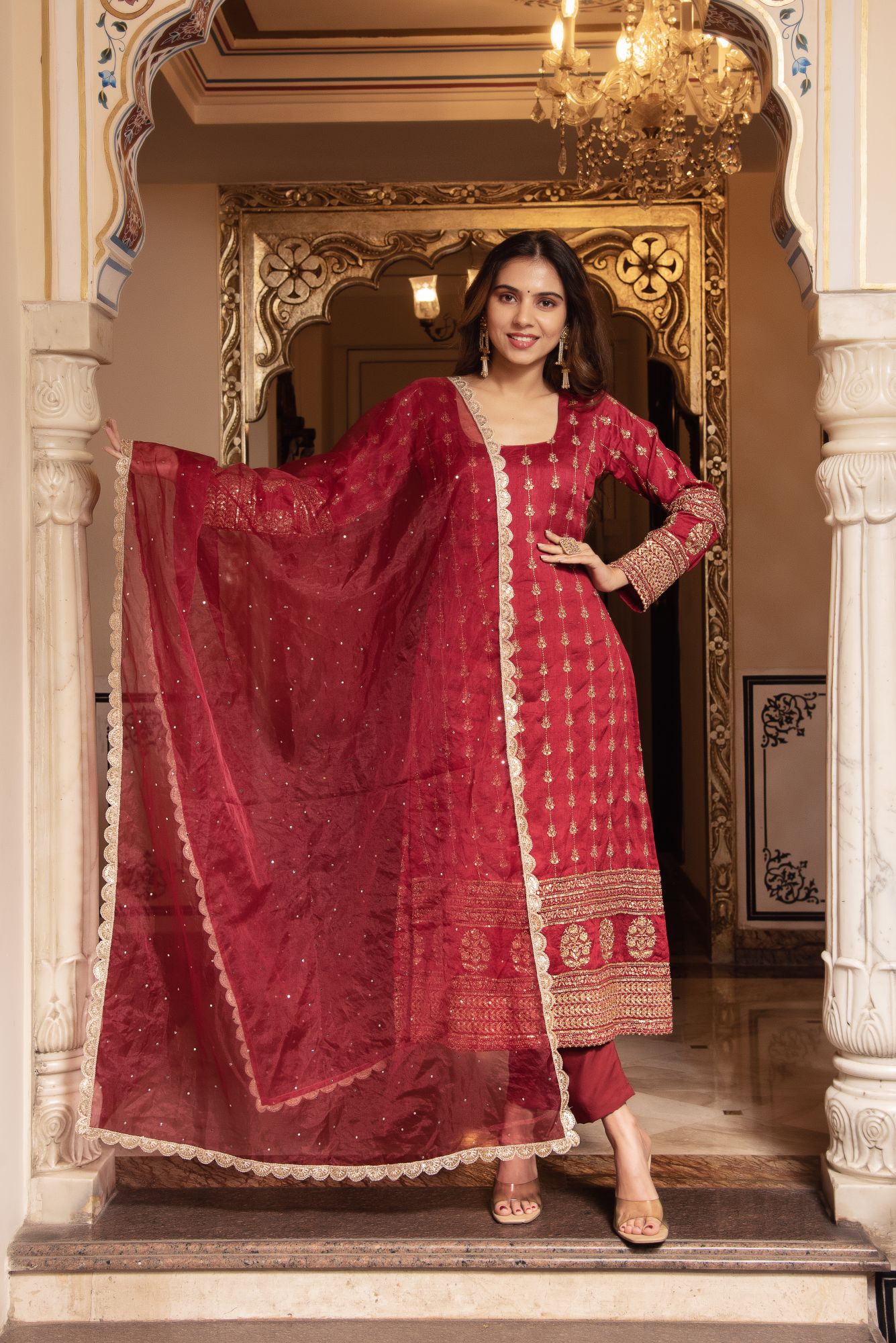 Red Embroided Straight Kurta Set