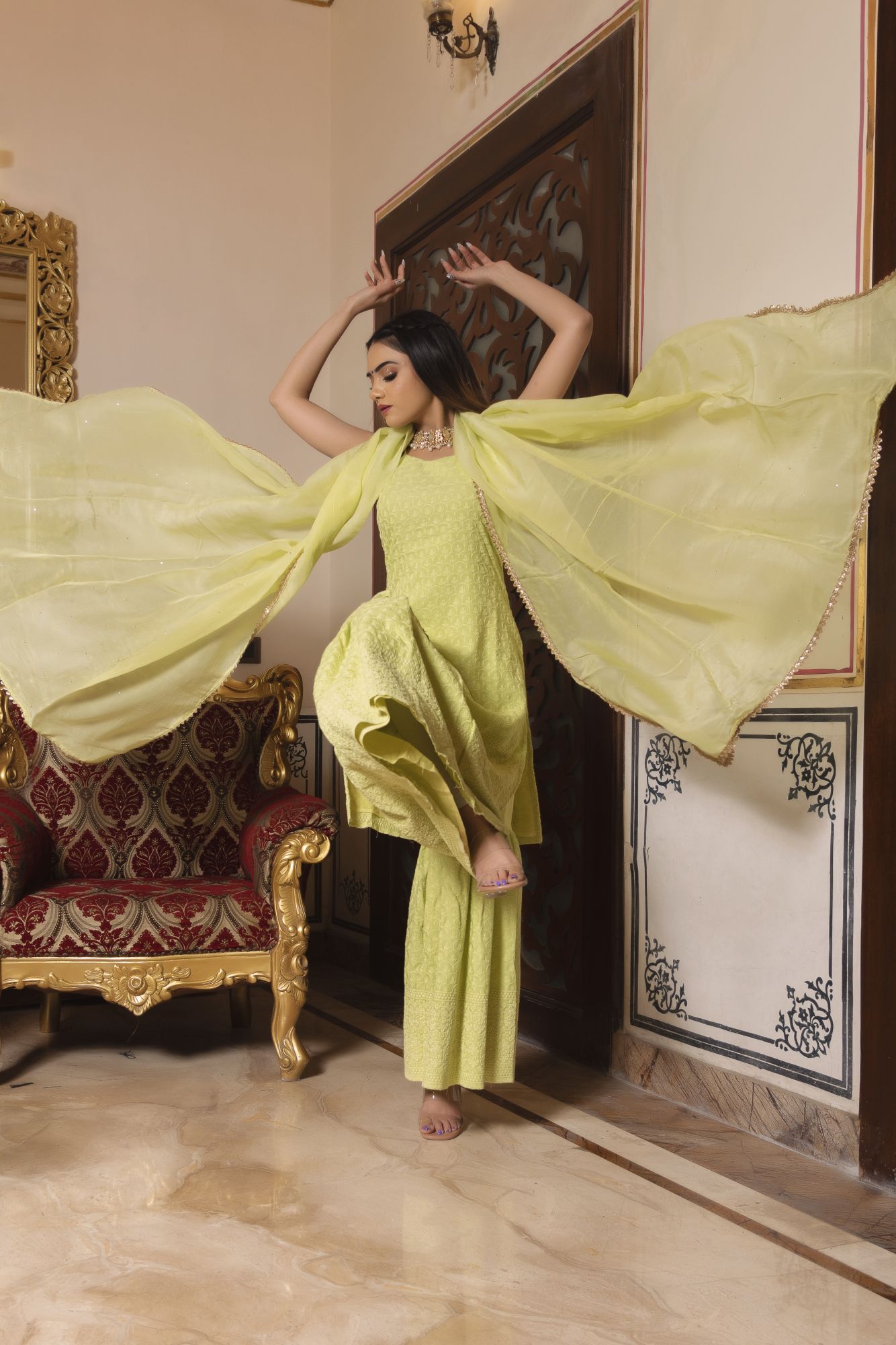 Pop Mint Chikankari Sharara Set