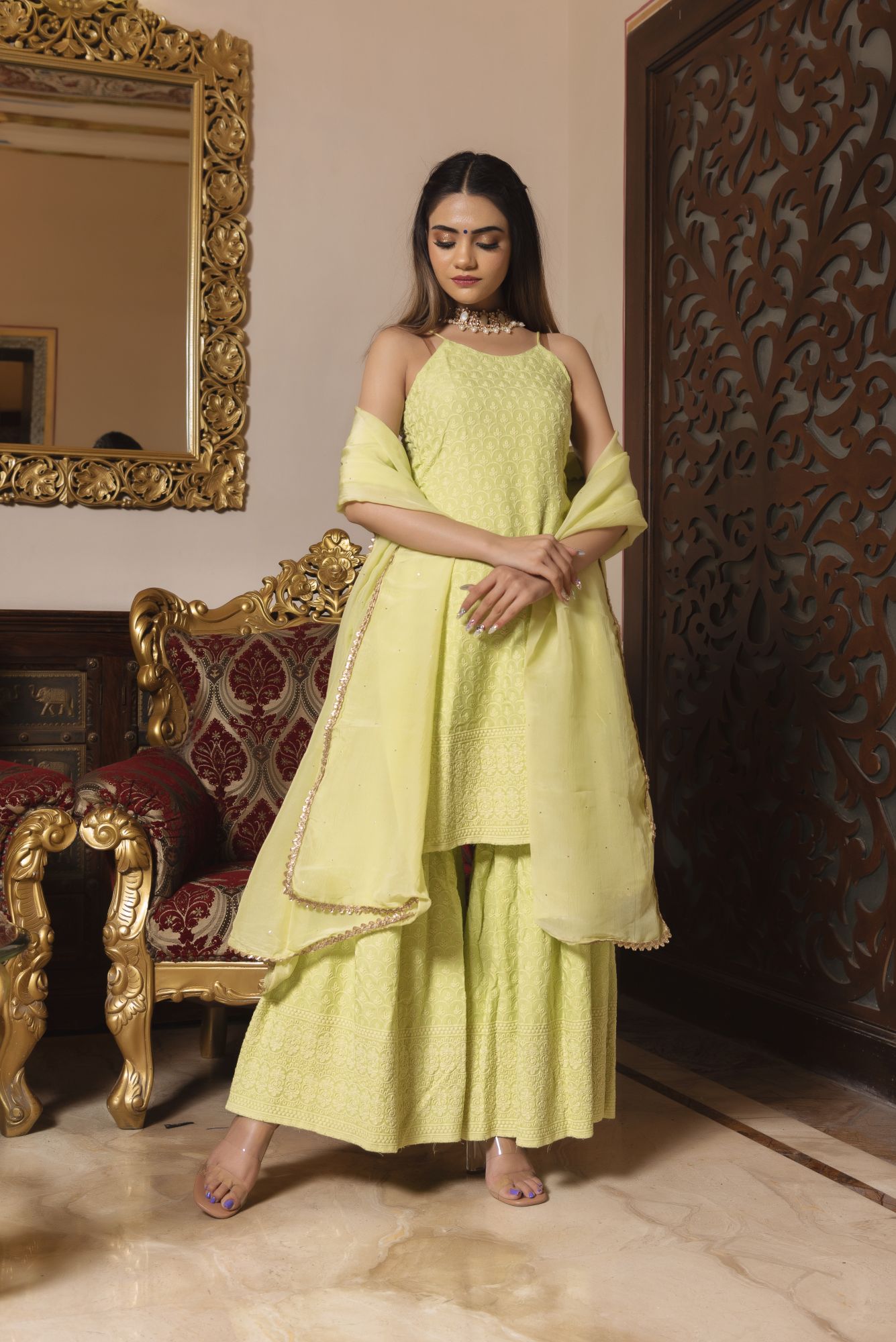 Pop Mint Chikankari Sharara Set