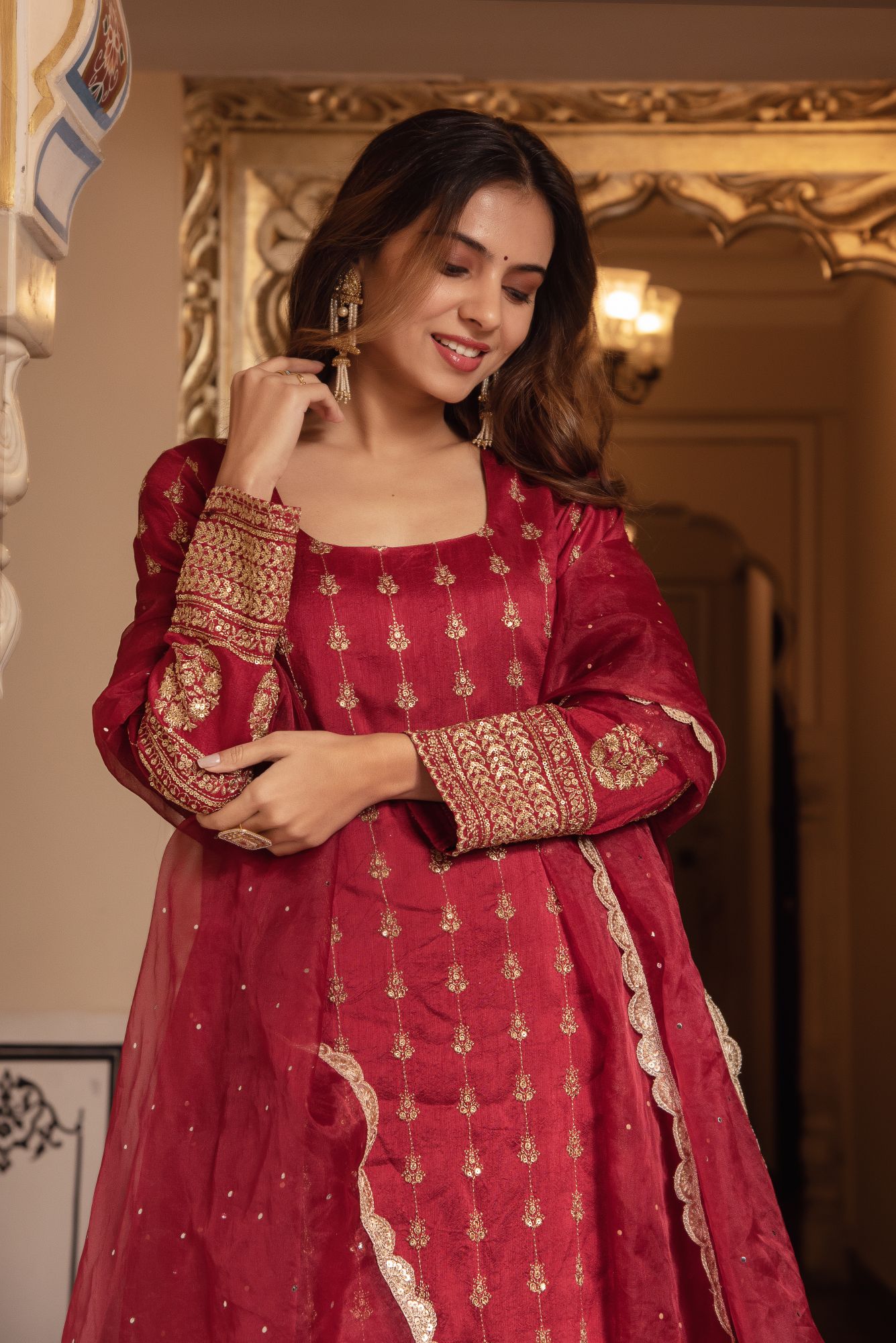 Red Embroided Straight Kurta Set