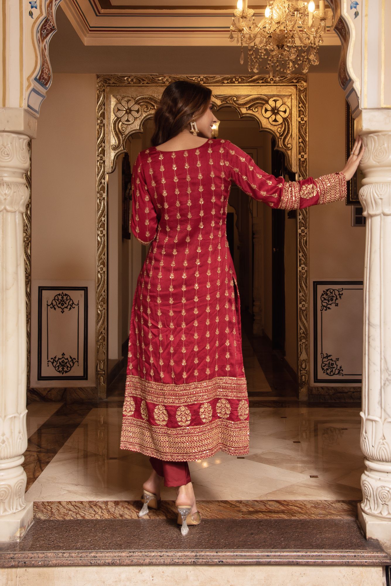 Red Embroided Straight Kurta Set