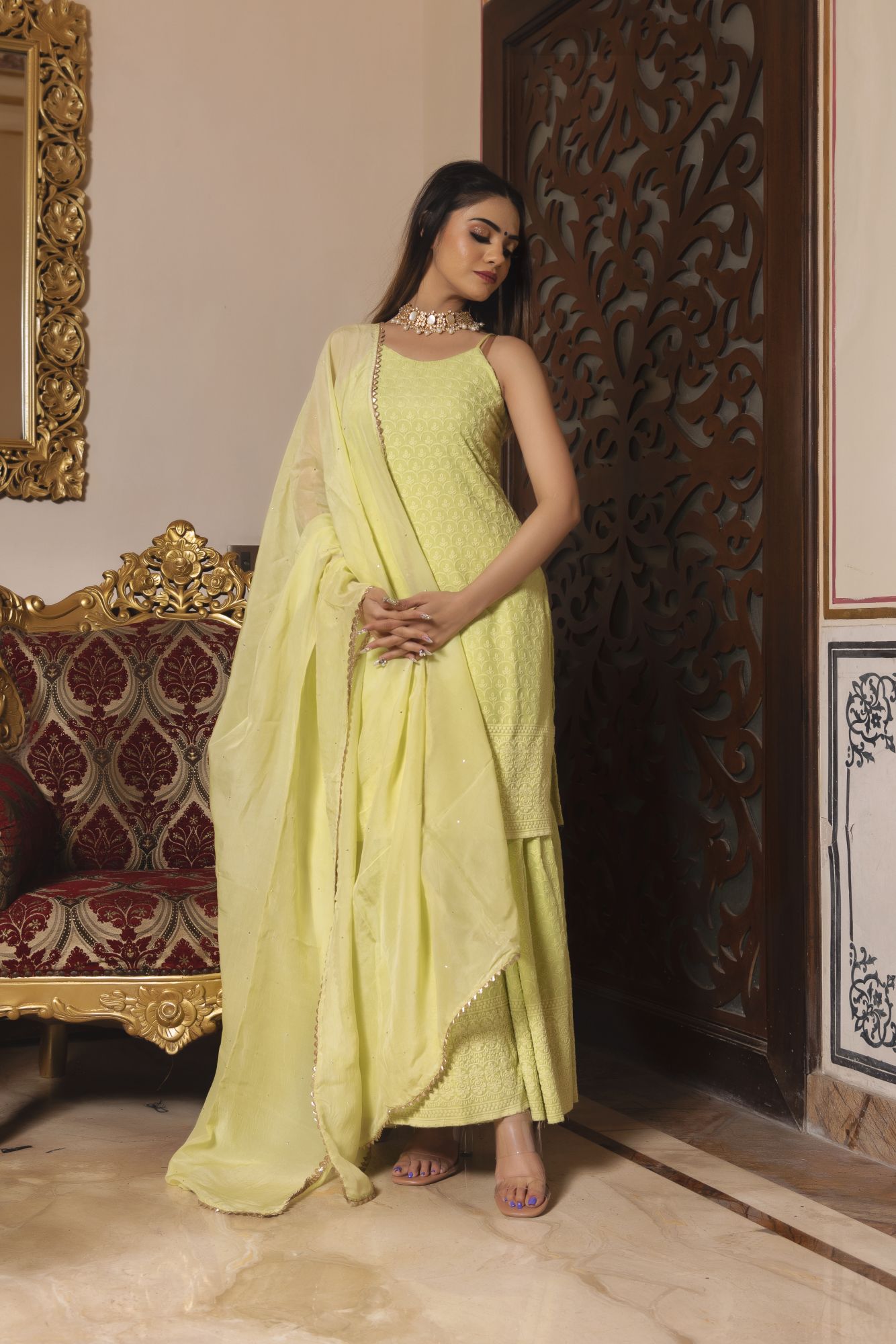 Pop Mint Chikankari Sharara Set