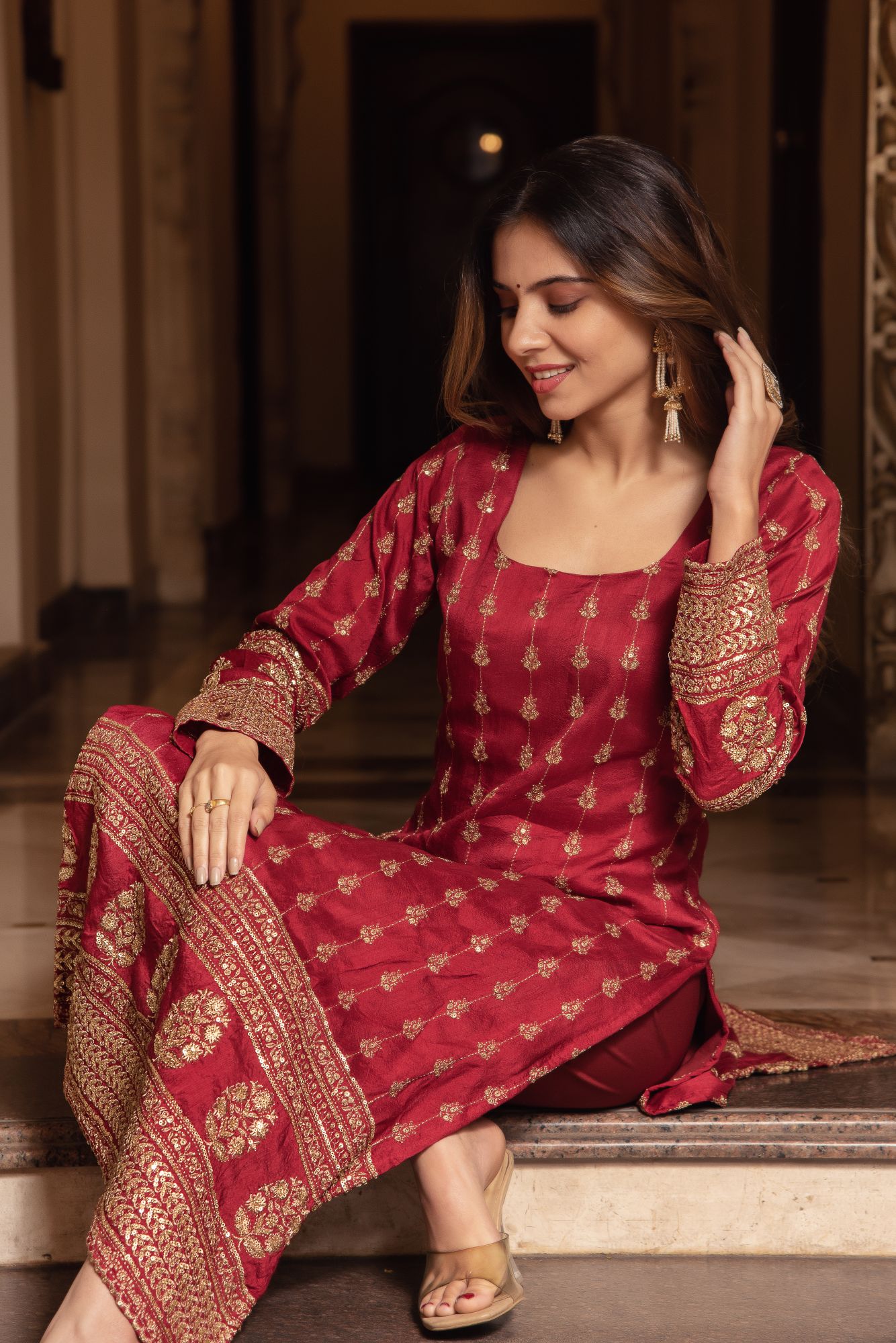 Red Embroided Straight Kurta Set