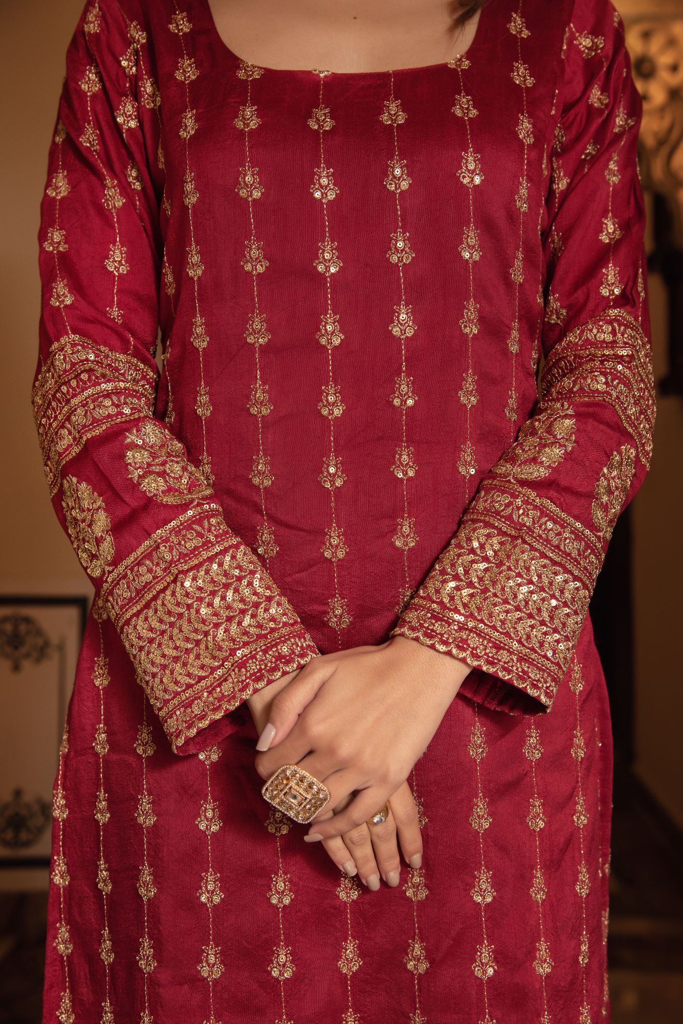 Red Embroided Straight Kurta Set