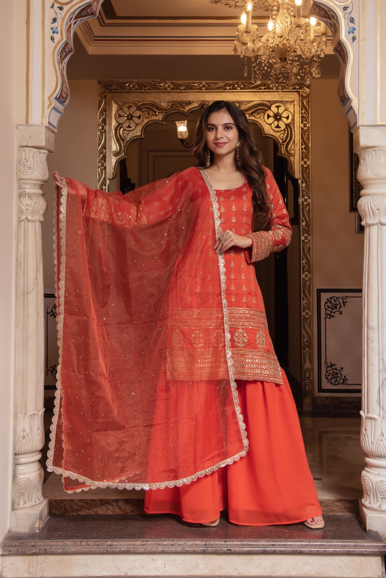 Orange Embroided And Sequined Sharara Set