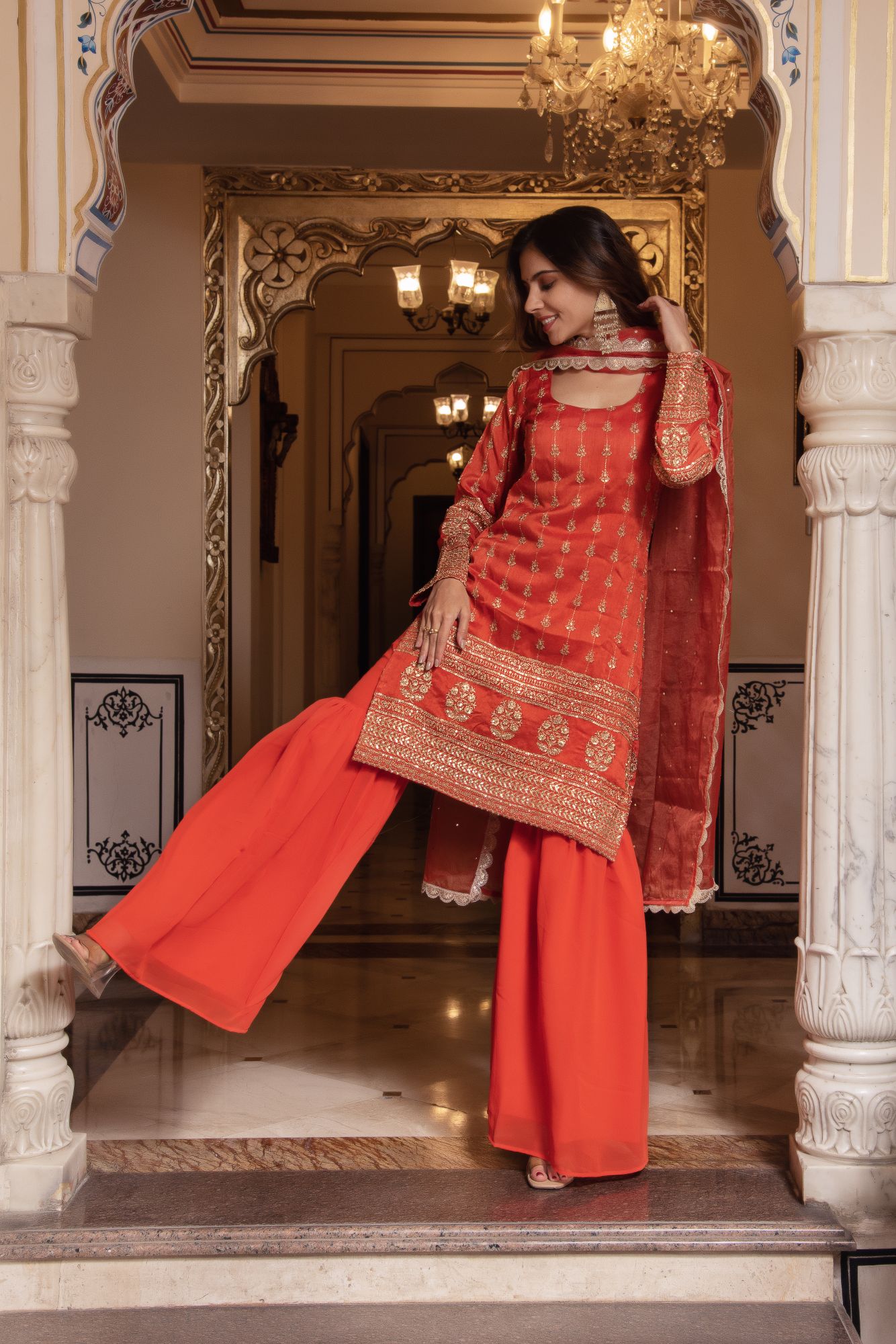 Orange Embroided And Sequined Sharara Set