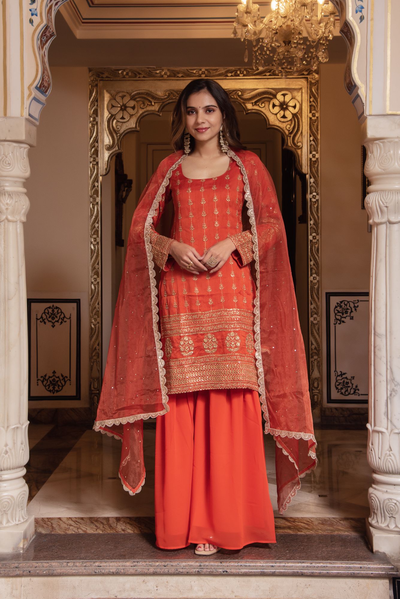 Orange Embroided And Sequined Sharara Set