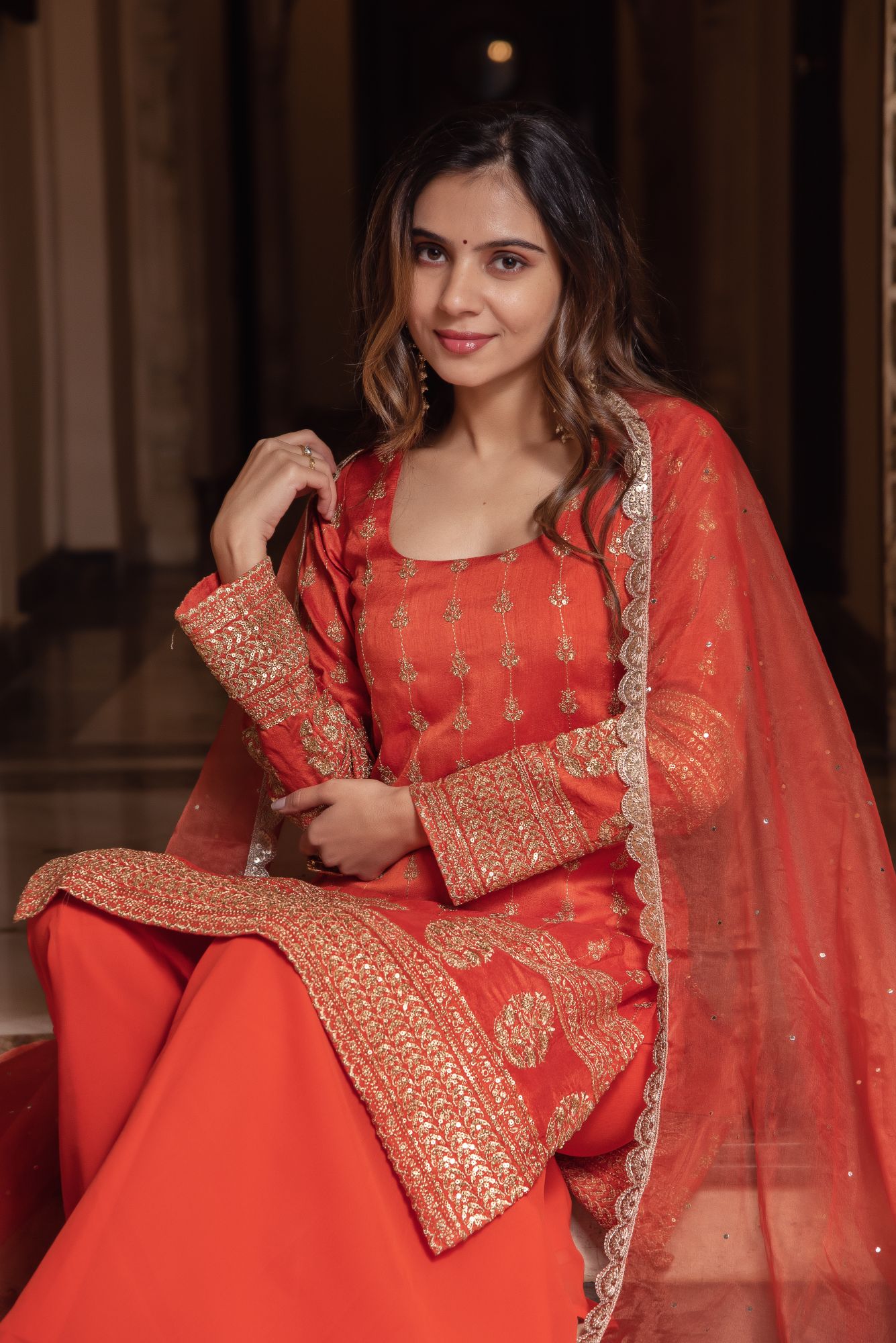 Orange Embroided And Sequined Sharara Set