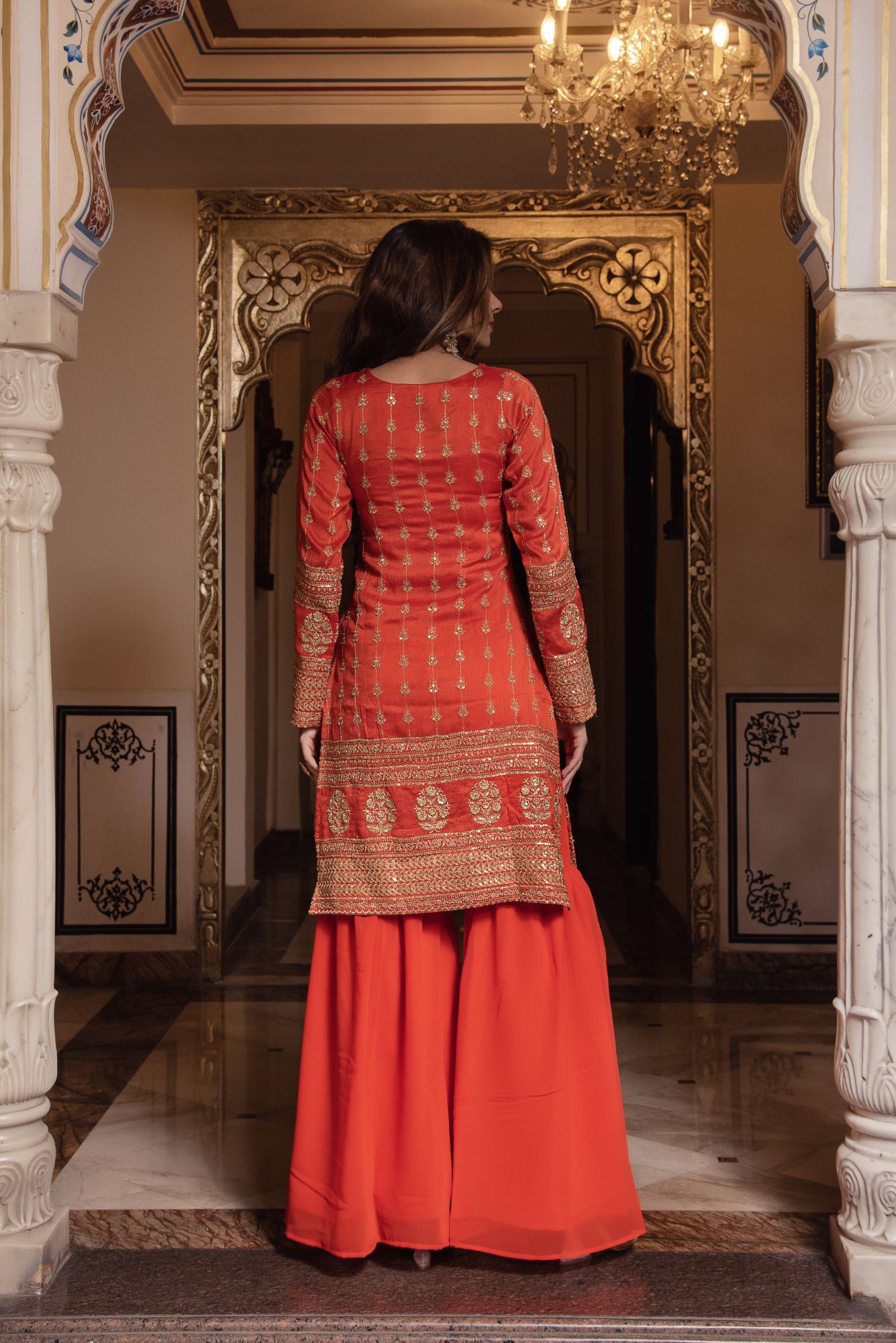 Orange Embroided And Sequined Sharara Set