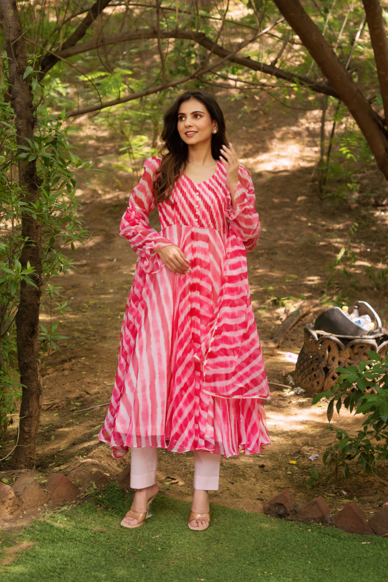 Baby Pink Lehriya Tux Anarkali Suit Set