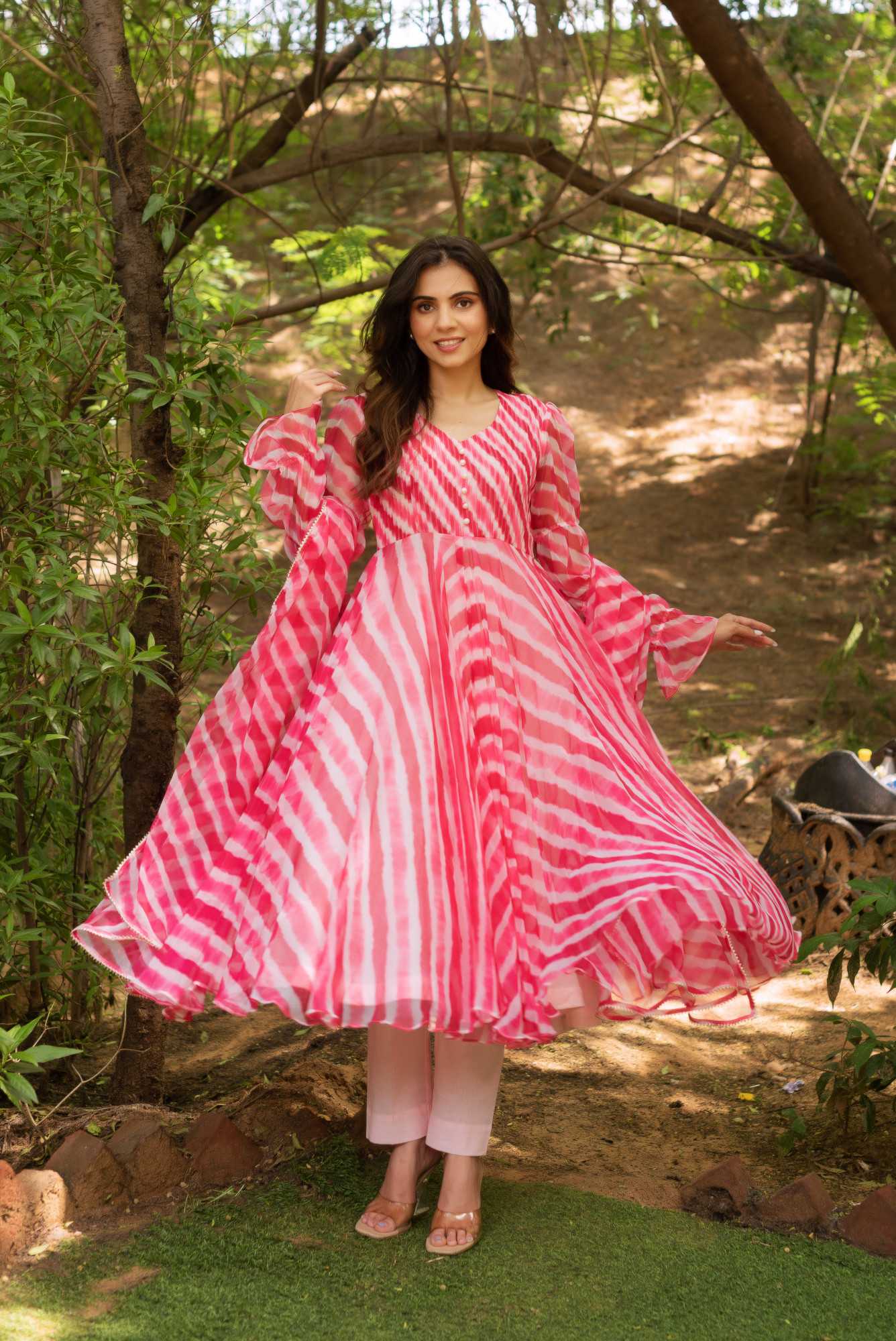 Baby Pink Lehriya Tux Anarkali Suit Set