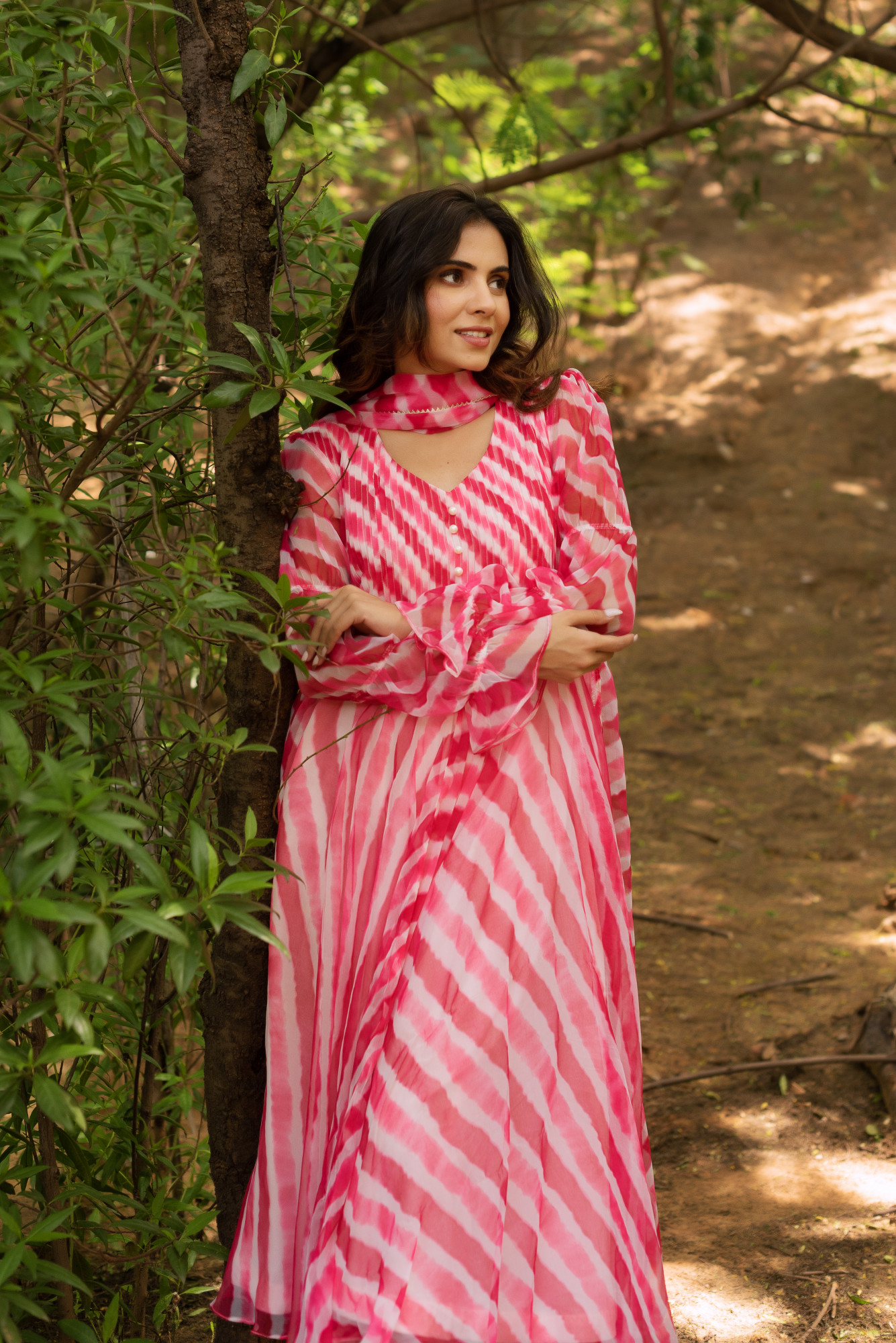 Baby Pink Lehriya Tux Anarkali Suit Set