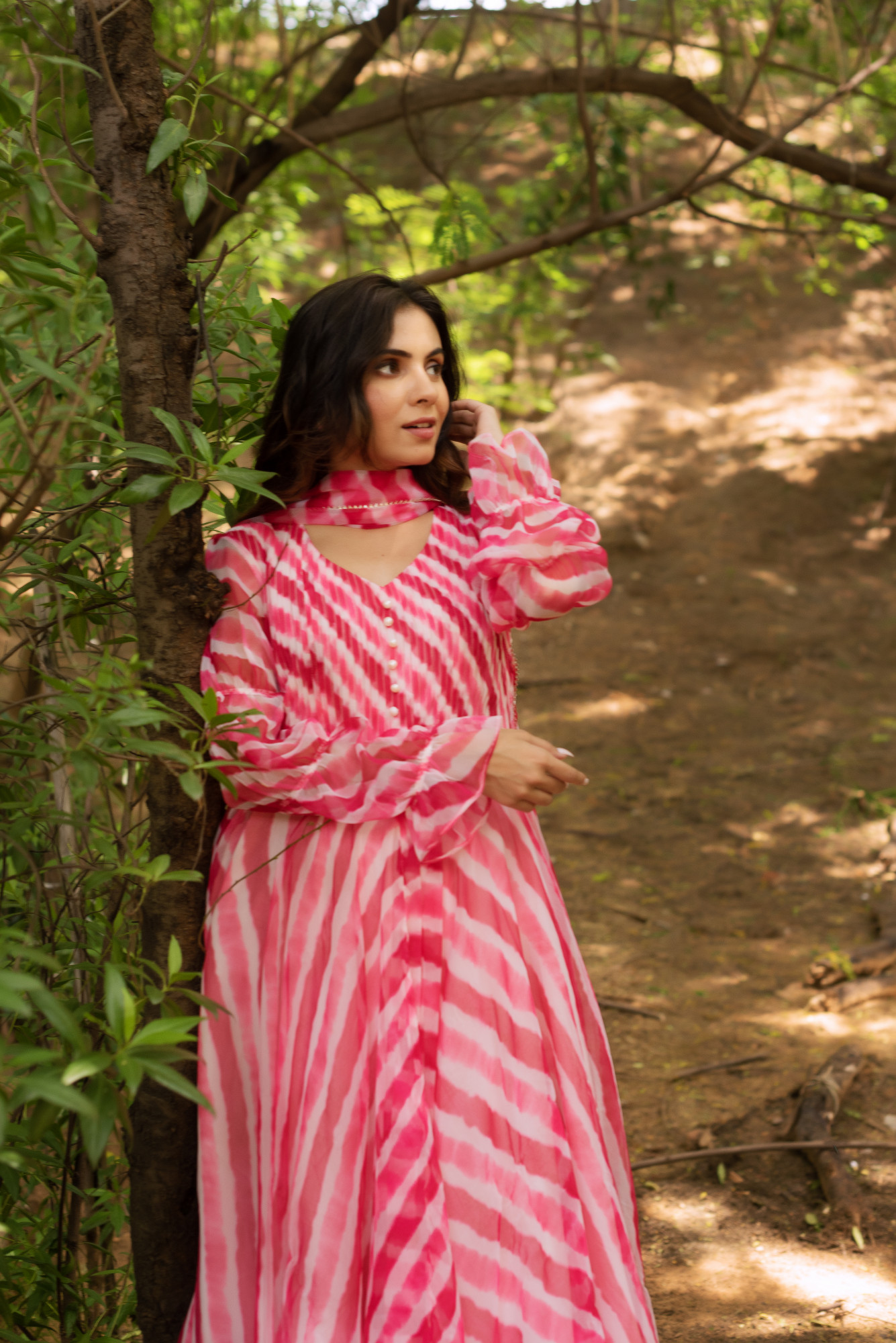 Baby Pink Lehriya Tux Anarkali Suit Set