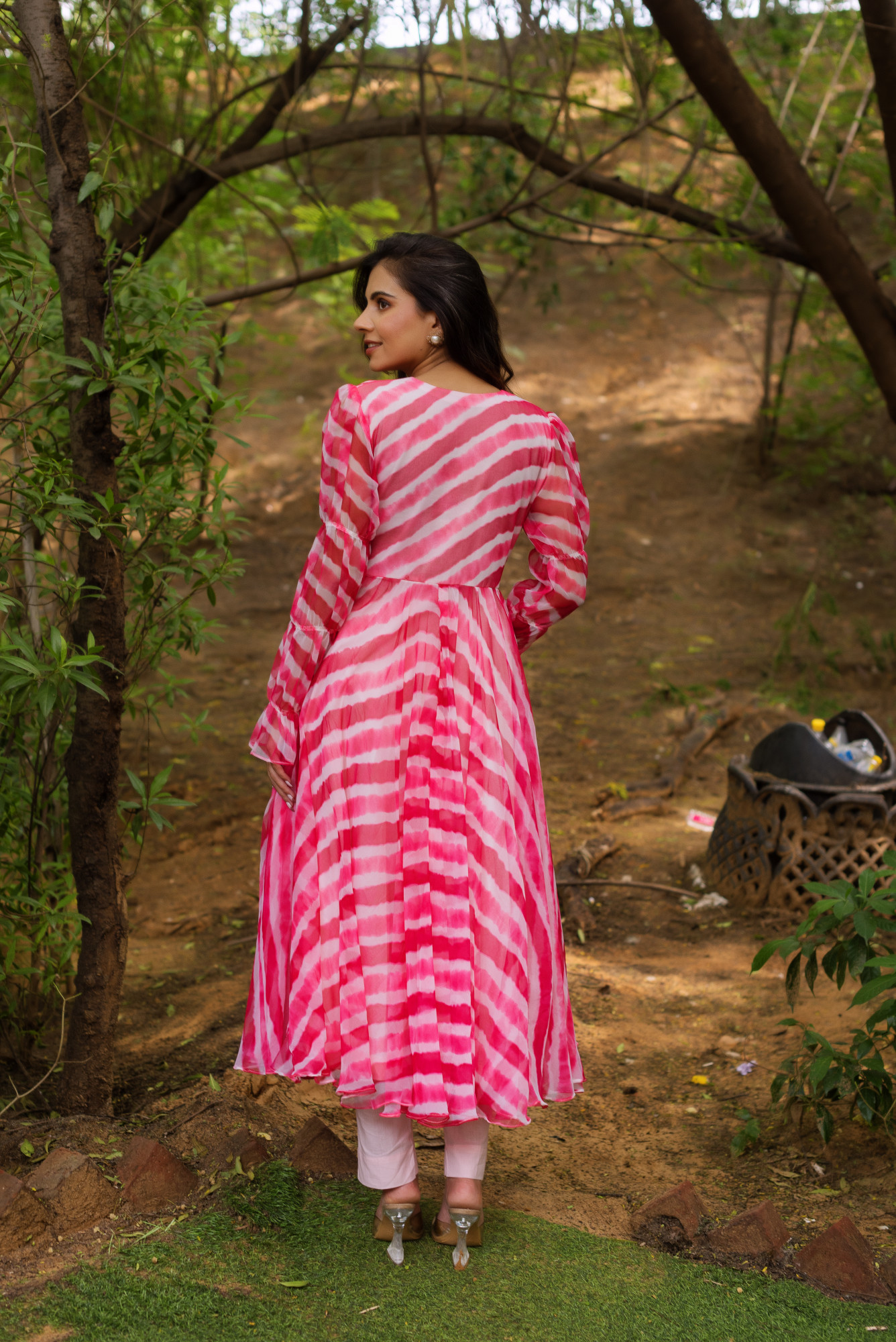 Baby Pink Lehriya Tux Anarkali Suit Set