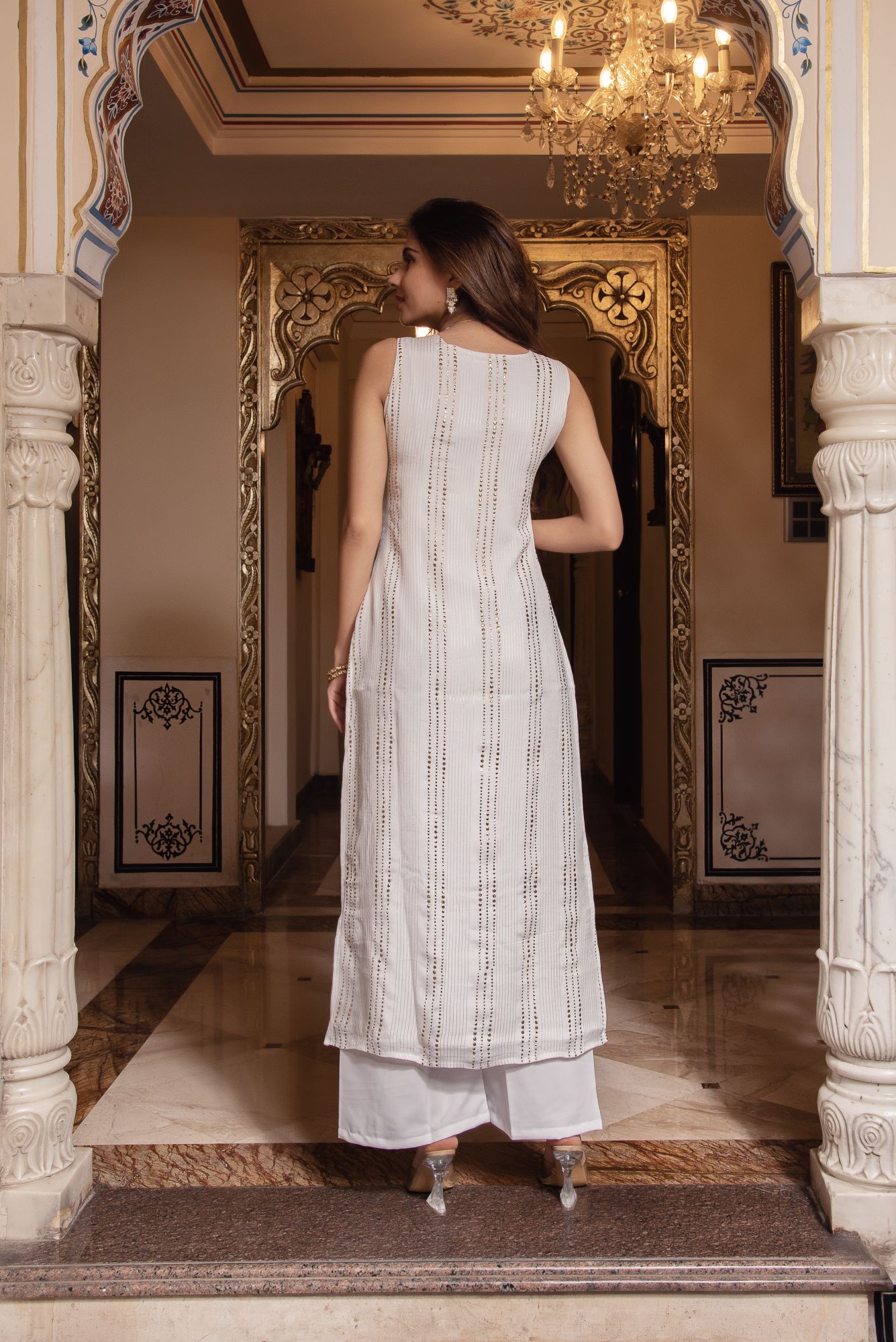 White Golden Embroided Straight Suit Set