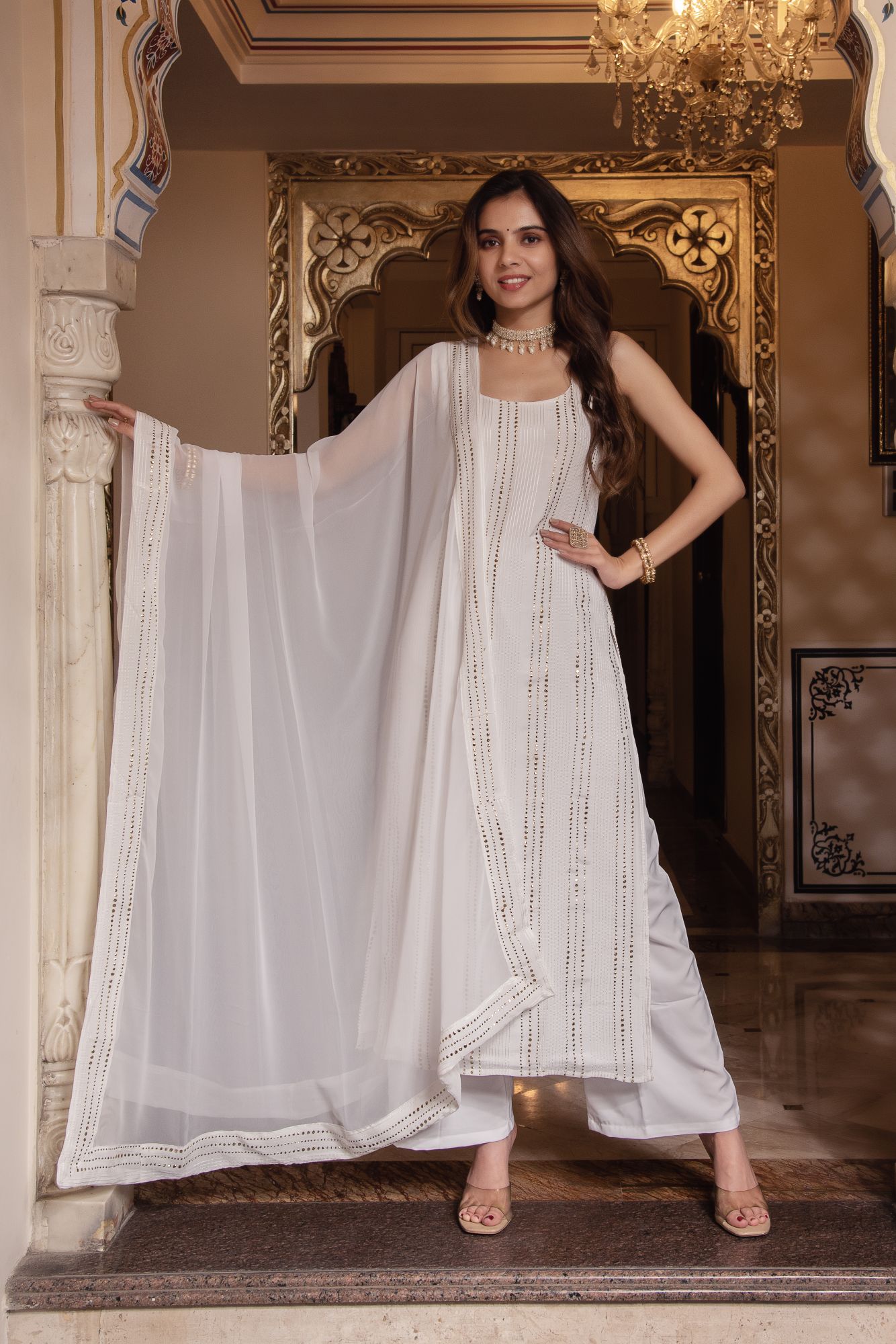 White Golden Embroided Straight Suit Set