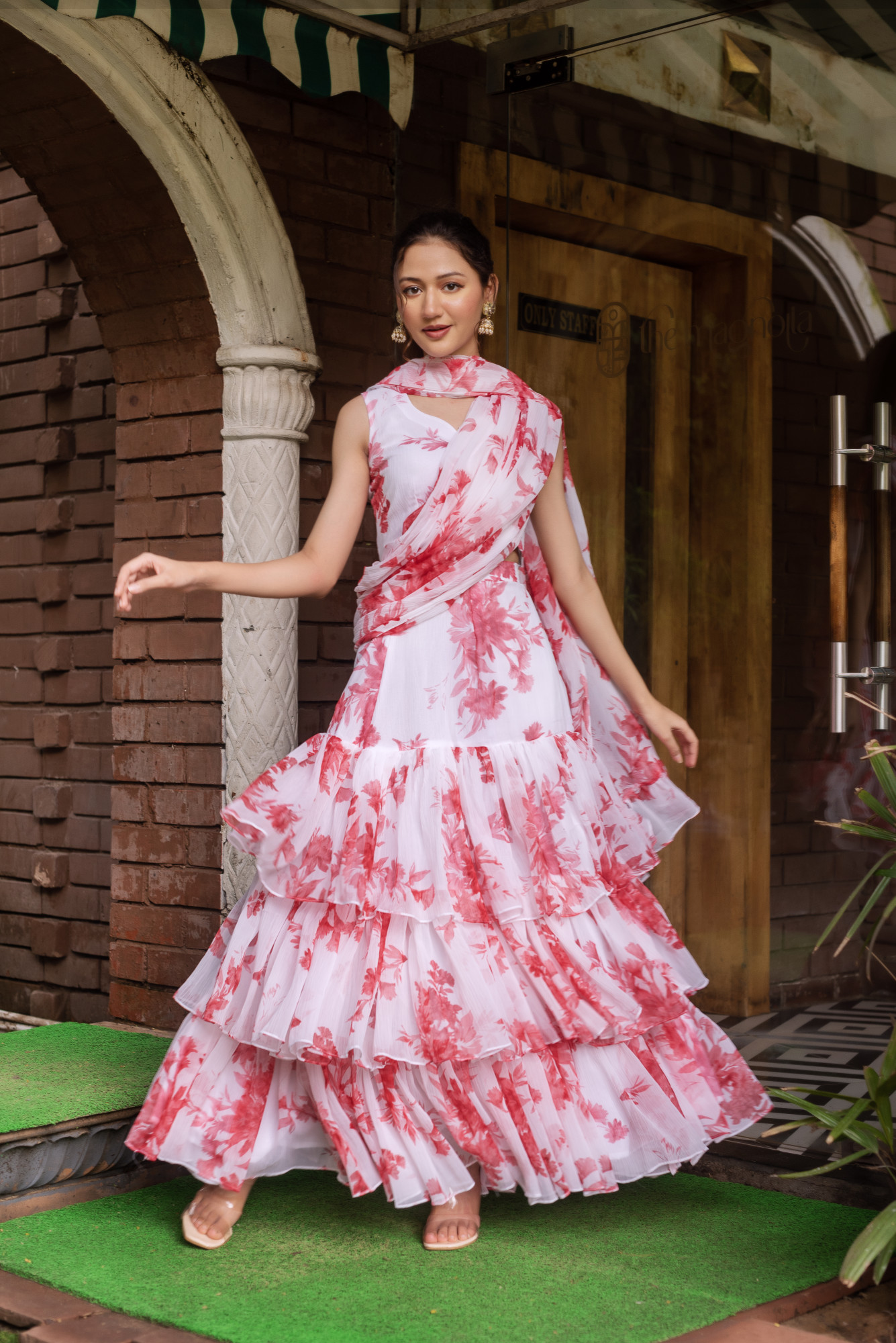 White Chiffon Printed Ready to Drape Saree