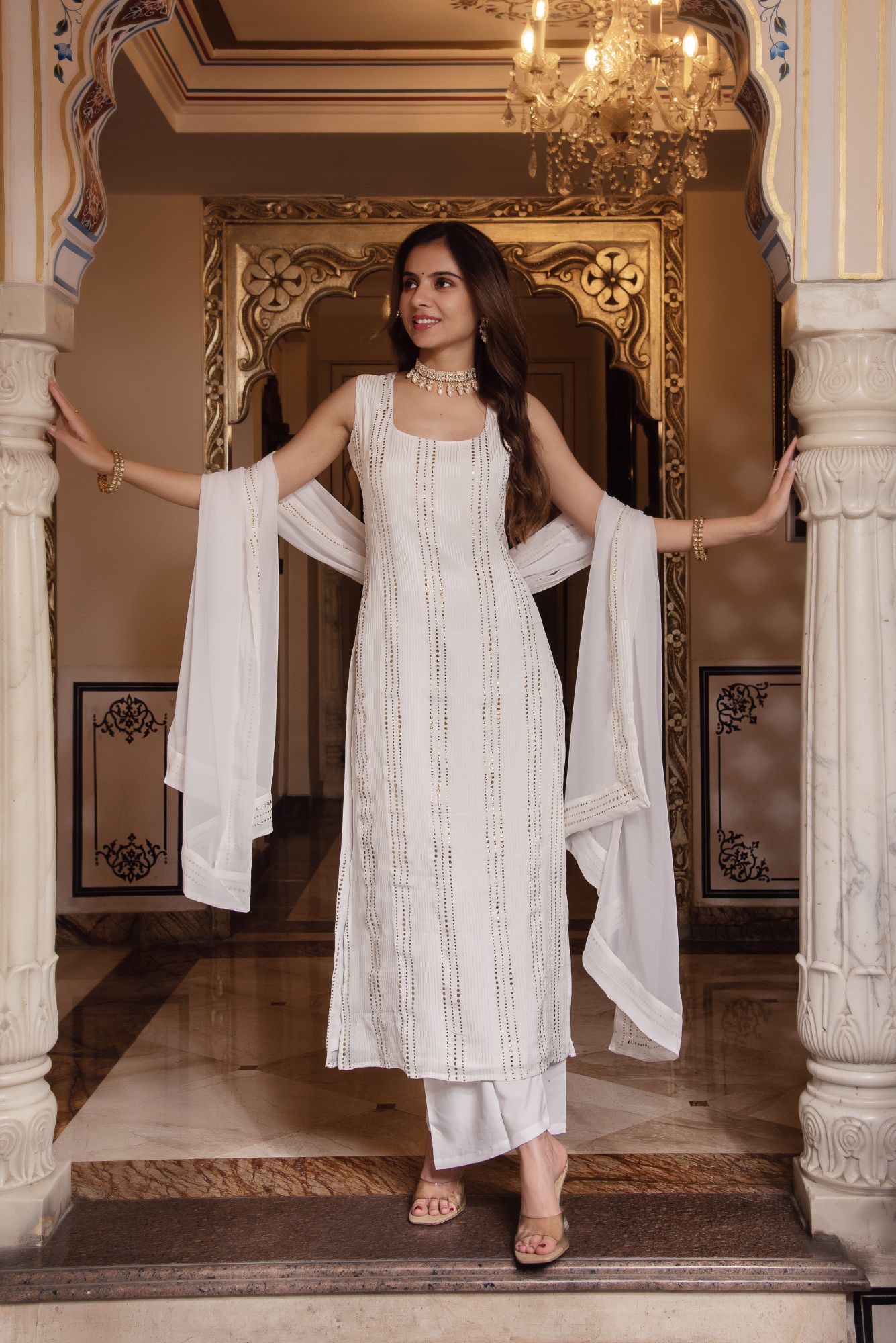 White Golden Embroided Straight Suit Set