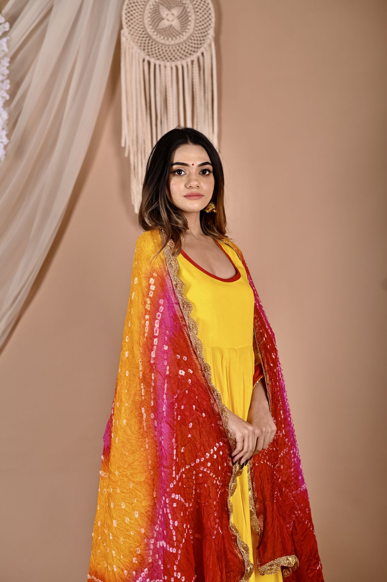 Multi Yellow Bhandhej Anarkali Suit Set