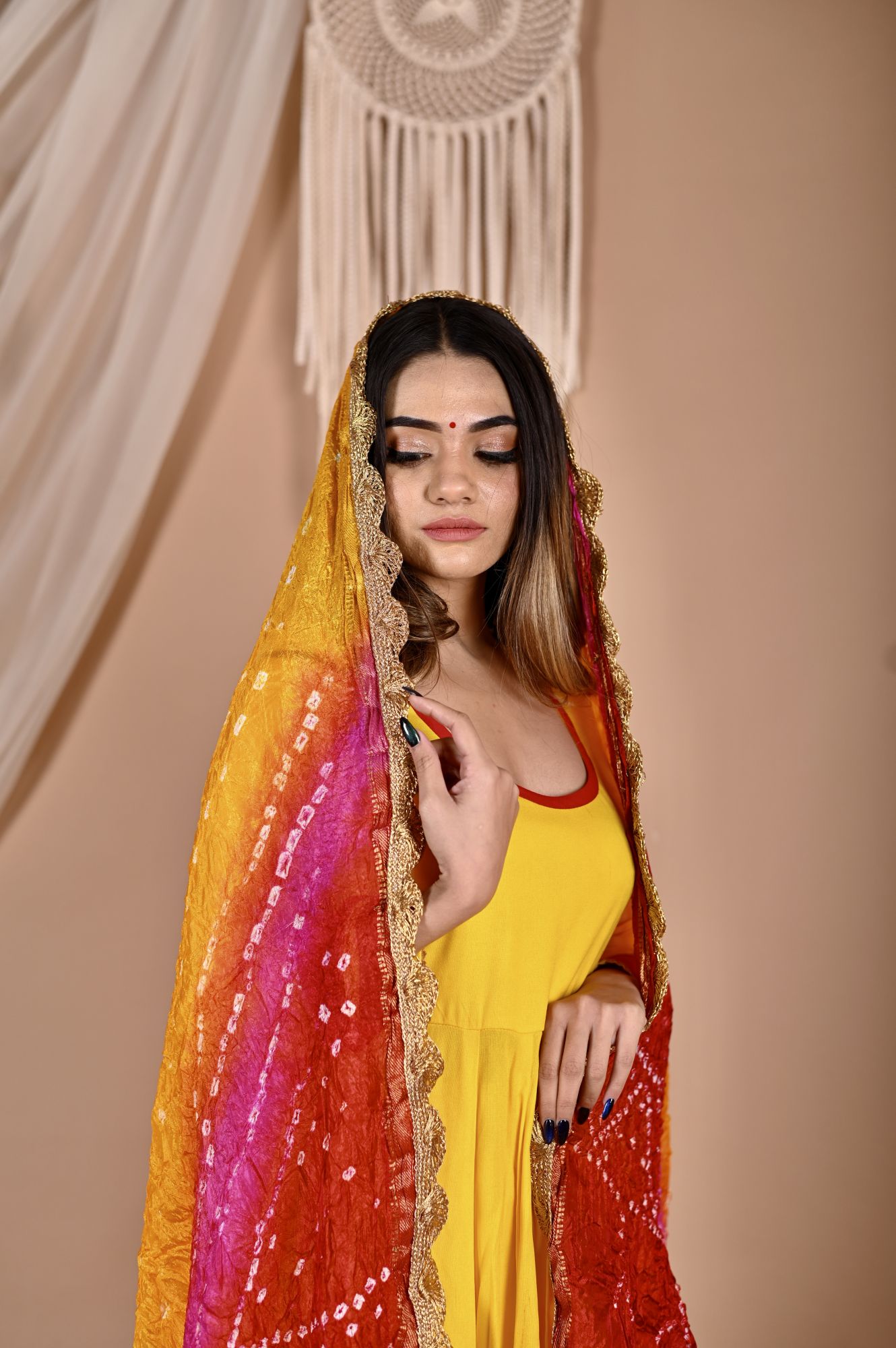 Multi Yellow Bhandhej Anarkali Suit Set