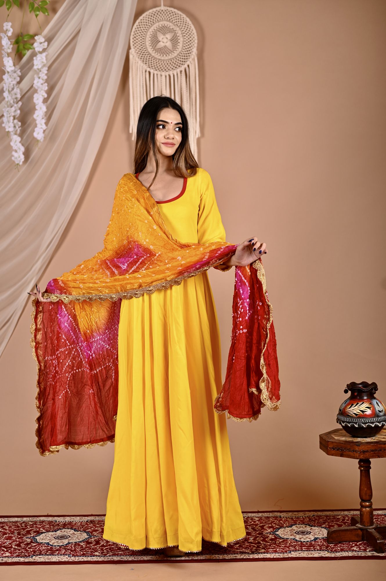 Multi Yellow Bhandhej Anarkali Suit Set