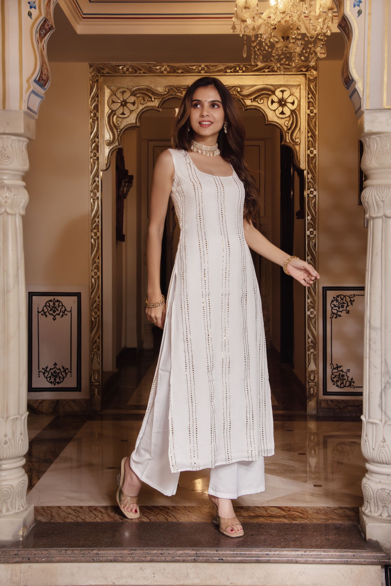 White Golden Embroided Straight Suit Set