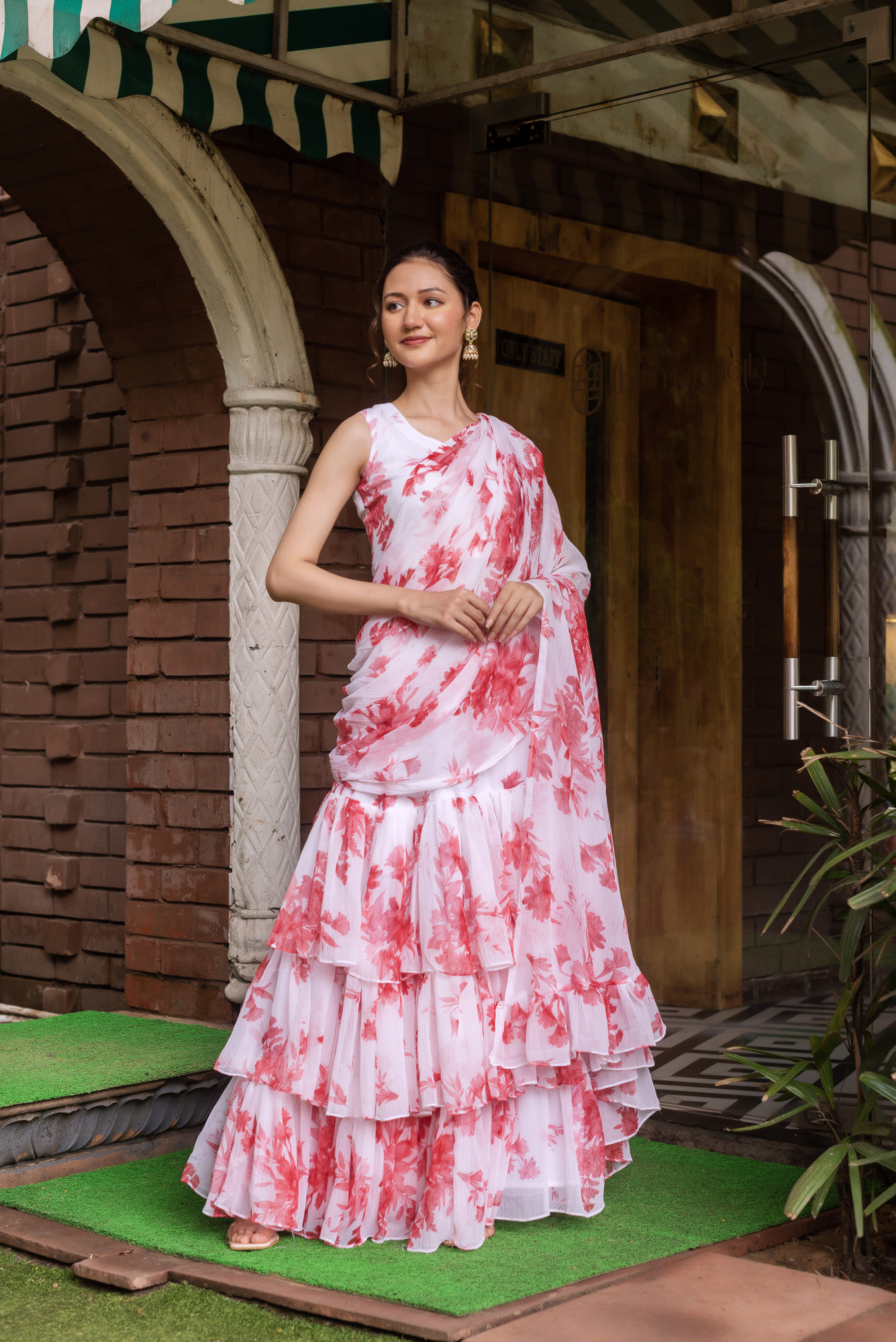 White Chiffon Printed Ready to Drape Saree