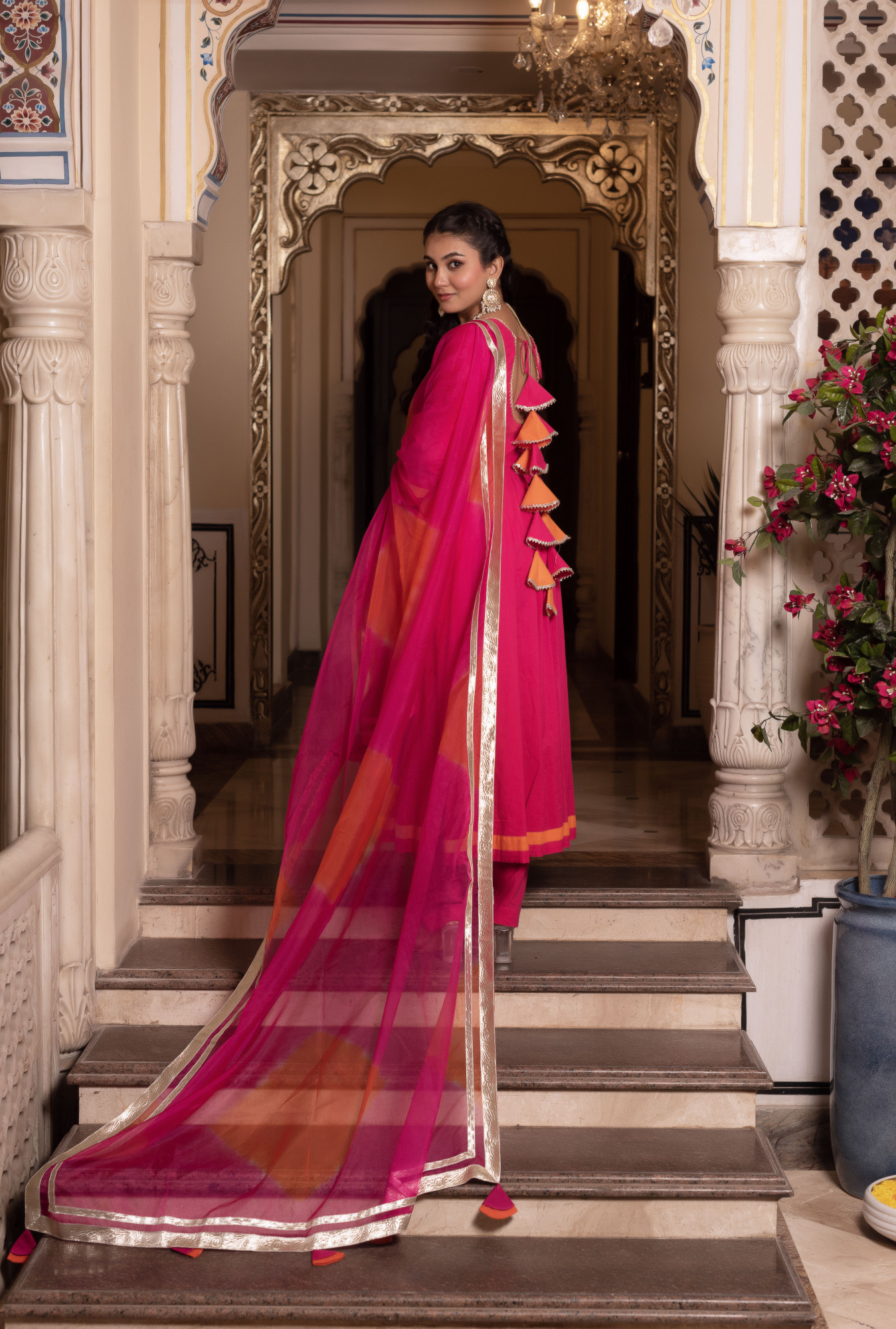 Nur Pink and orange Anarkali Suit Set