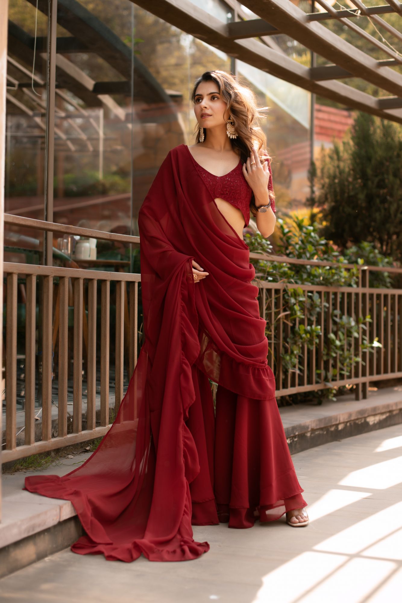 Carmine Maroon Georgette Embroided Prestitch Saree Sharara Set