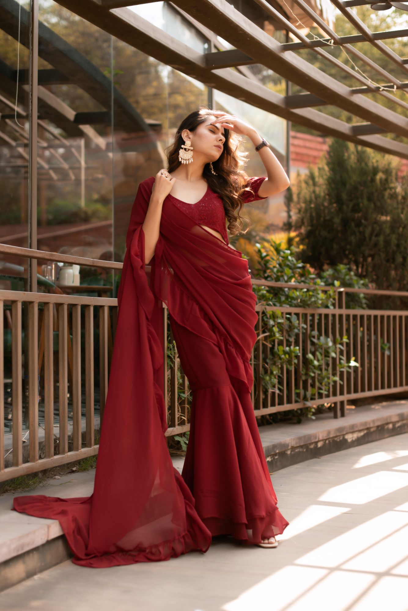 Carmine Maroon Georgette Embroided Prestitch Saree Sharara Set