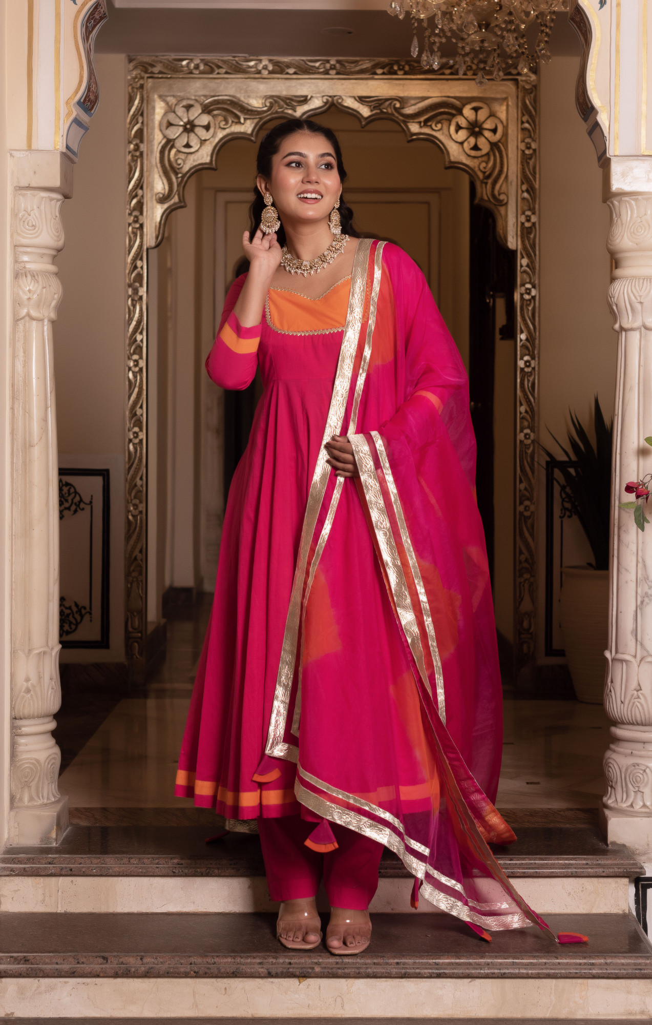 Nur Pink and orange Anarkali Suit Set