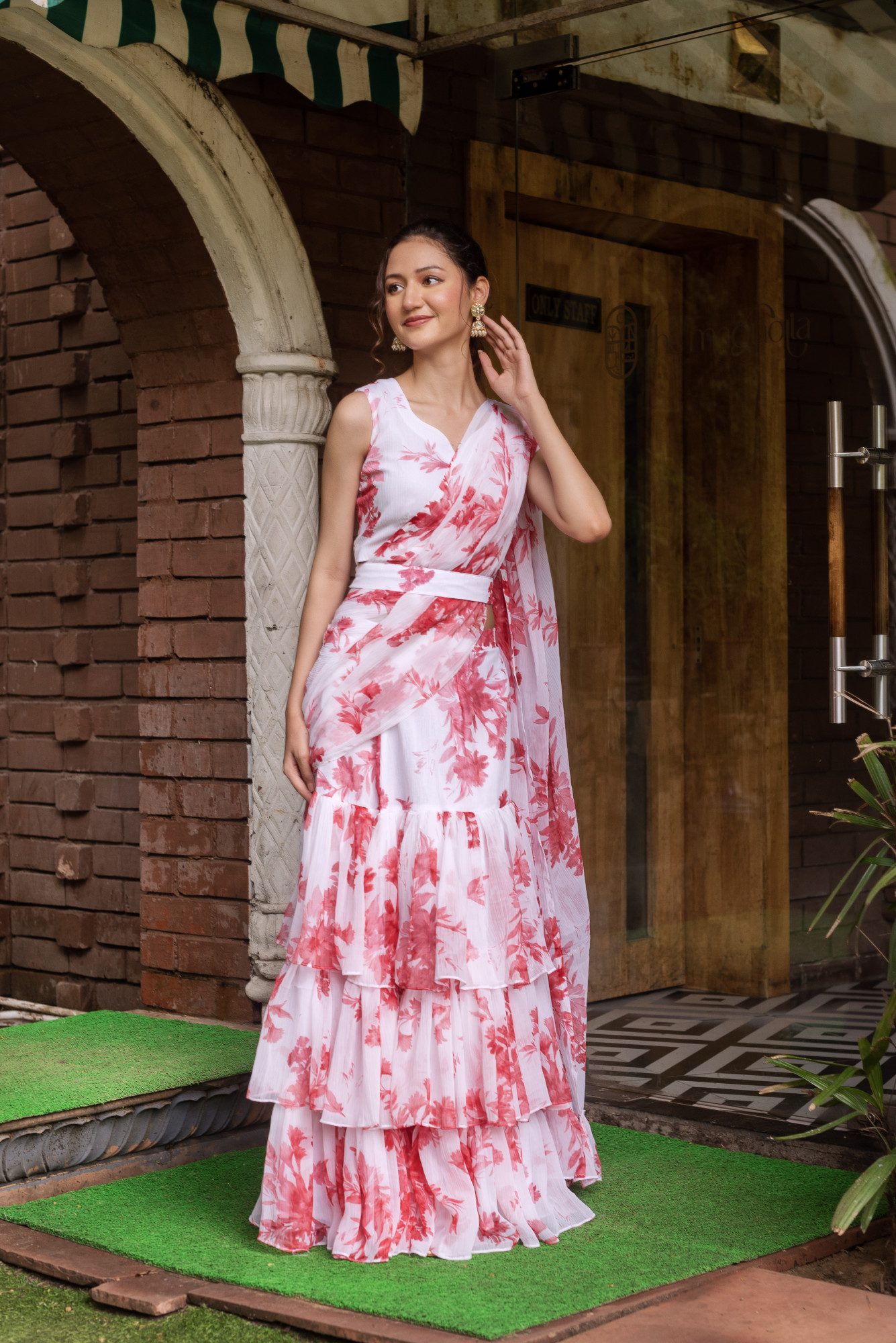 White Chiffon Printed Ready to Drape Saree