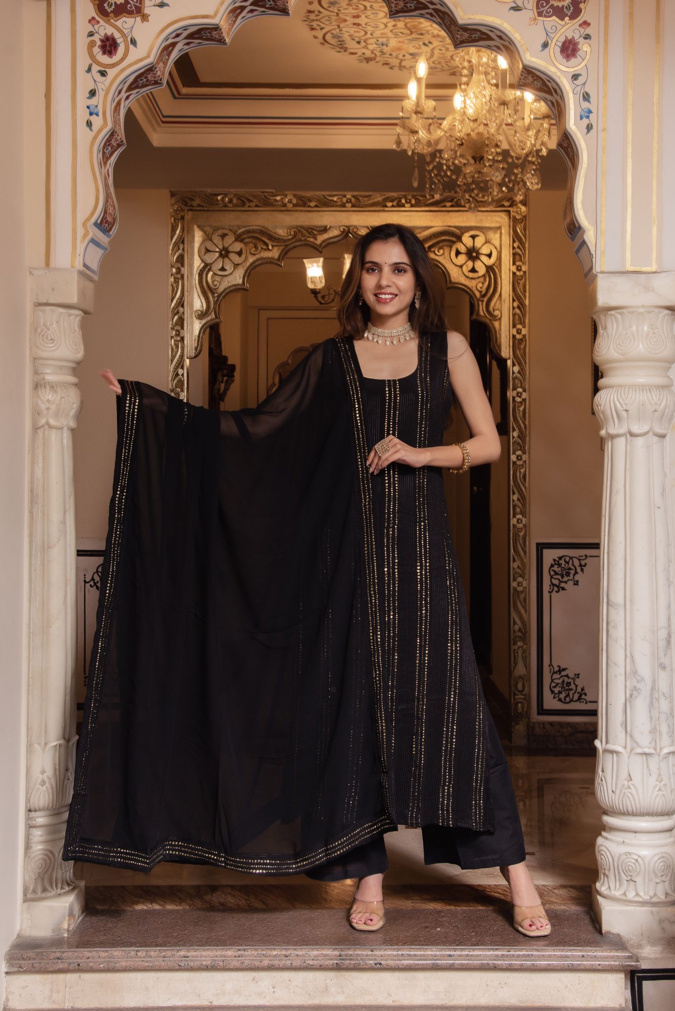 Black Golden Embroided Straight Suit Set