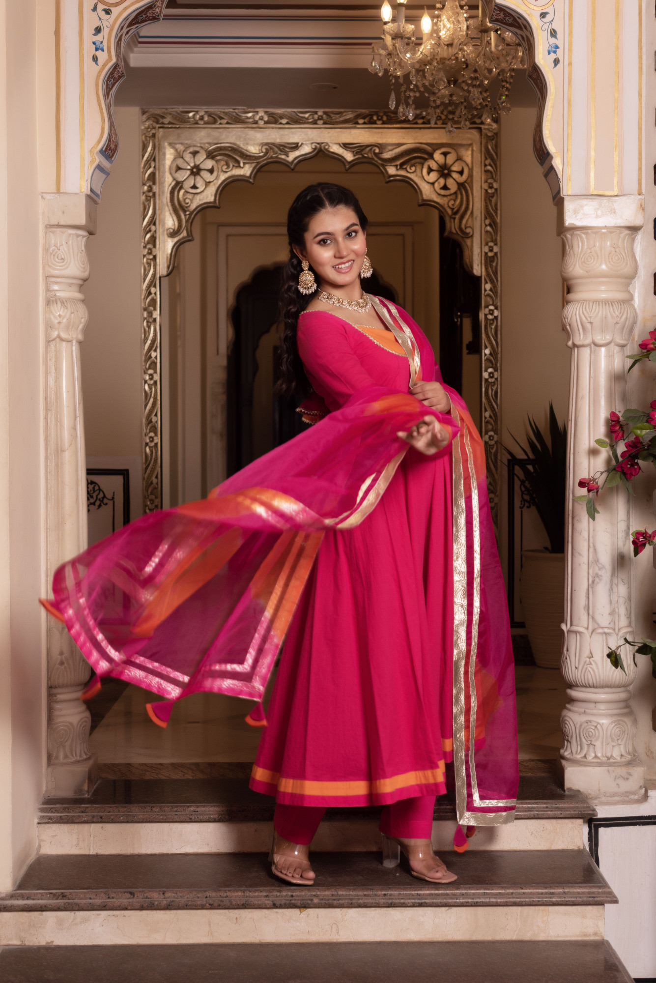 Nur Pink and orange Anarkali Suit Set