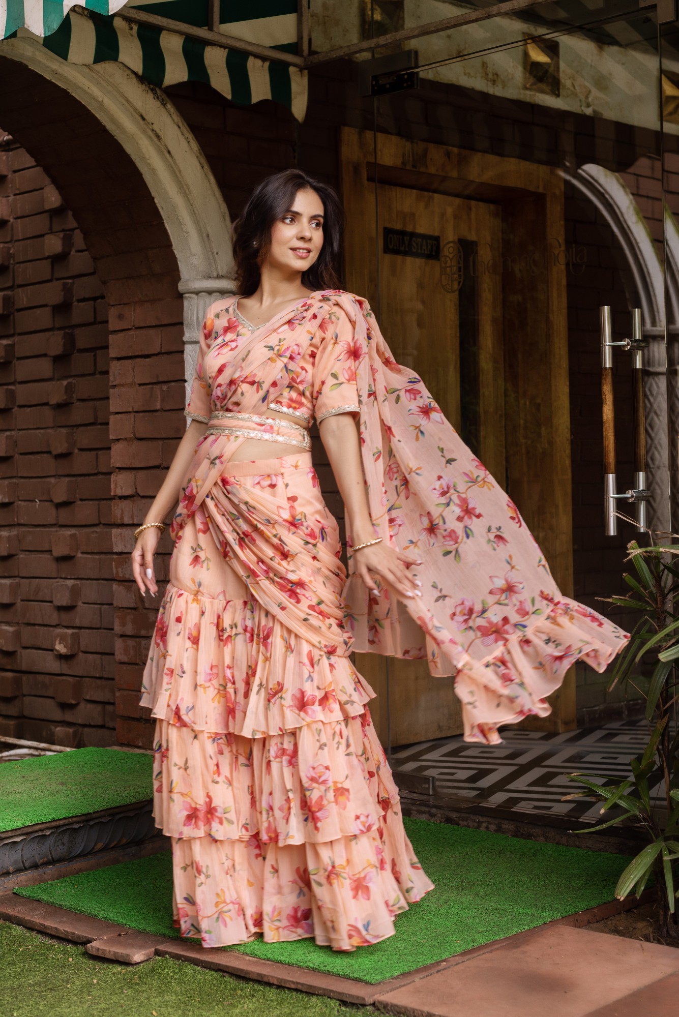 Peach Chiffon Printed Ready To Drape Saree