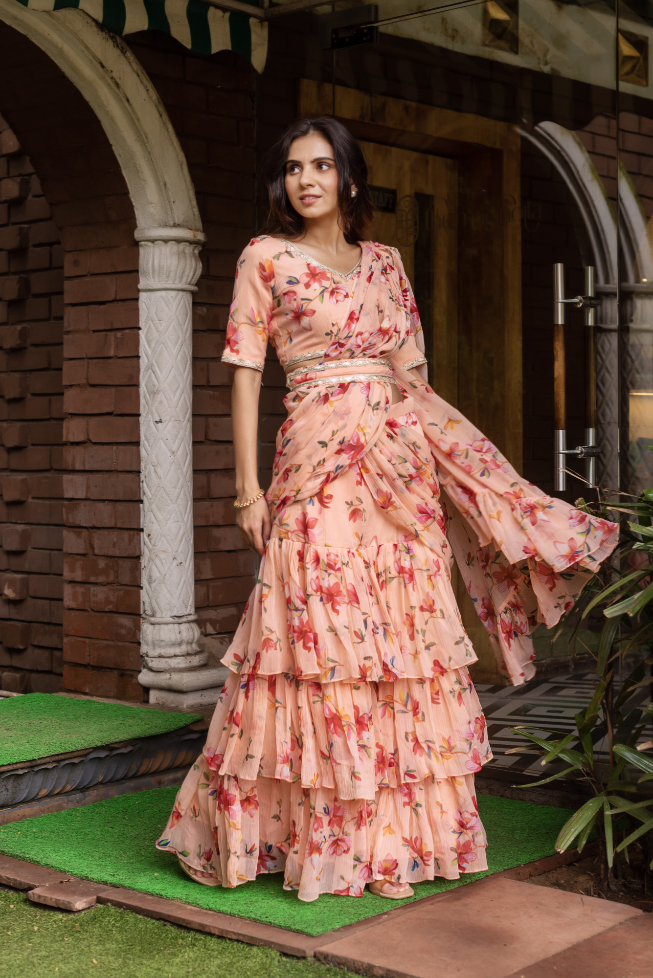 Peach Chiffon Printed Ready To Drape Saree