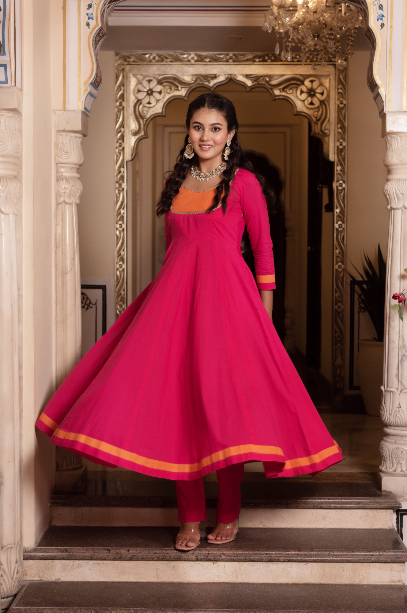 Nur Pink and orange Anarkali Suit Set