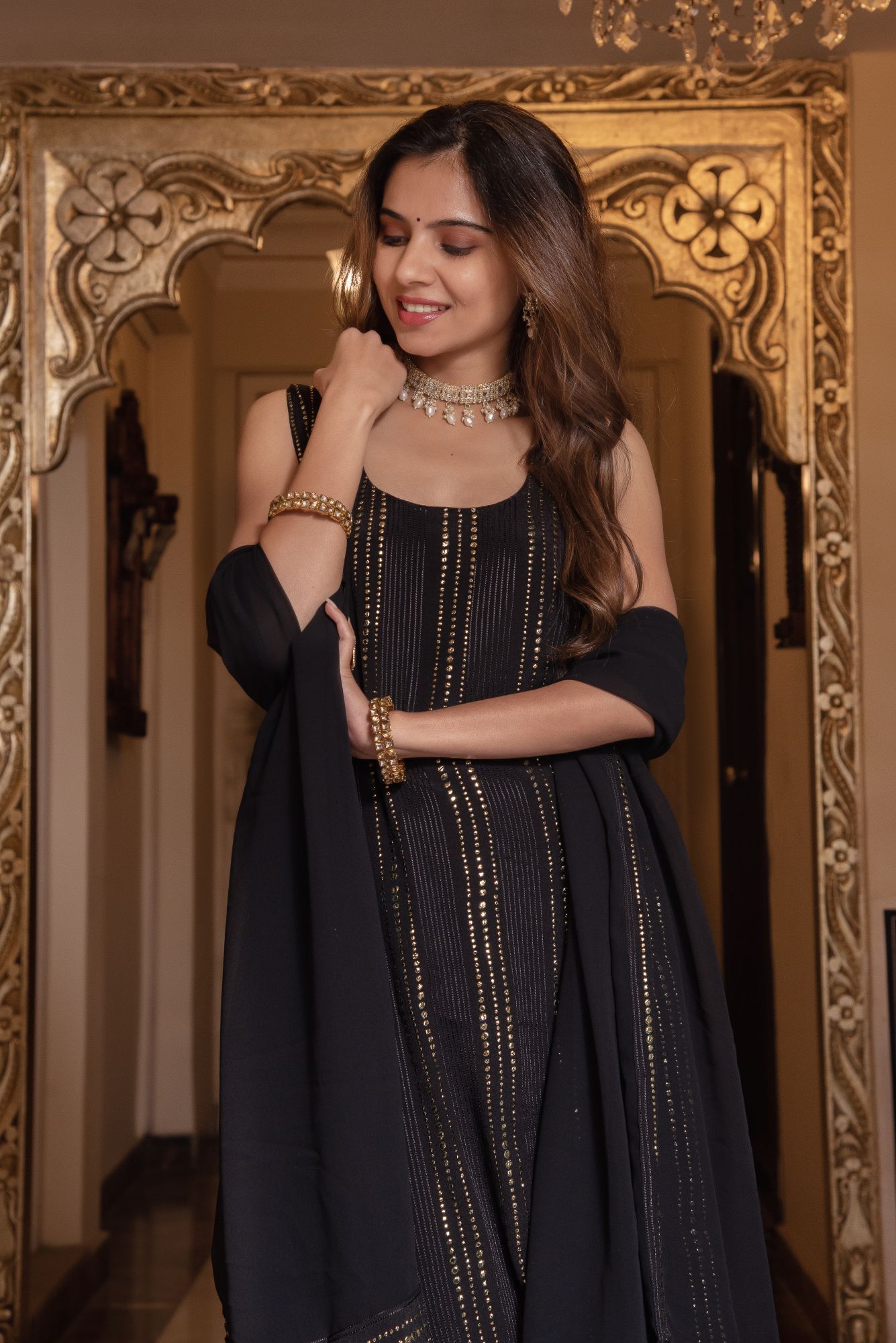 Black Golden Embroided Straight Suit Set