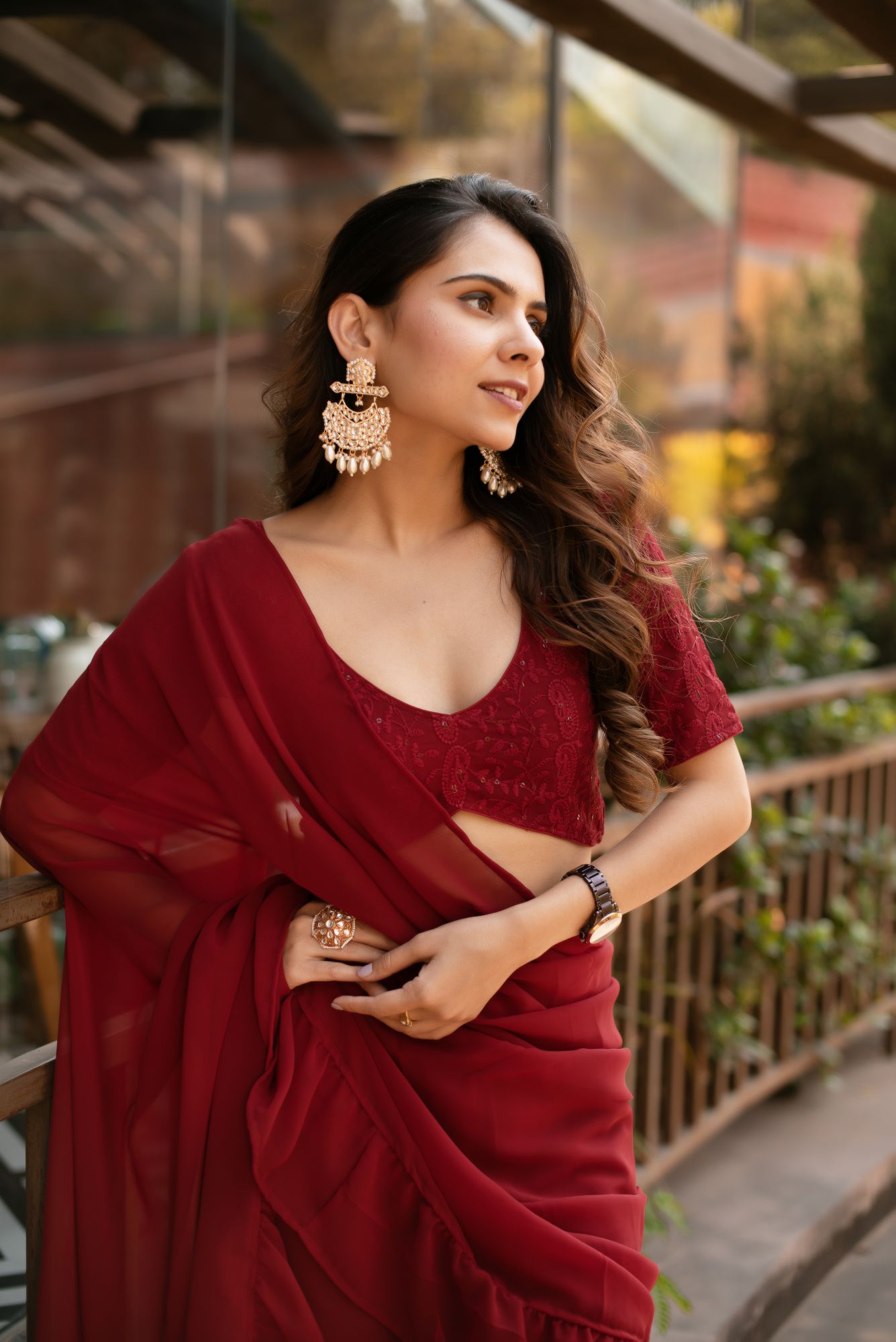 Carmine Maroon Georgette Embroided Prestitch Saree Sharara Set
