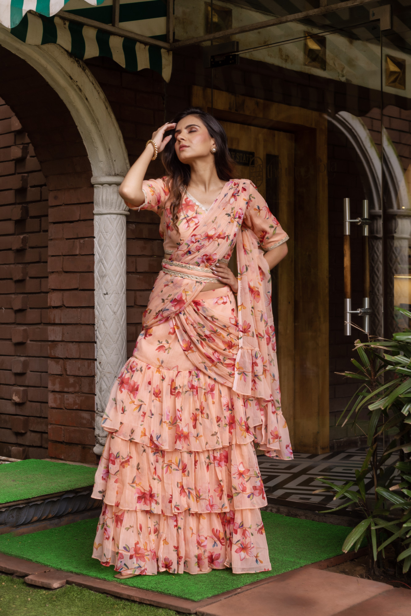 Peach Chiffon Printed Ready To Drape Saree