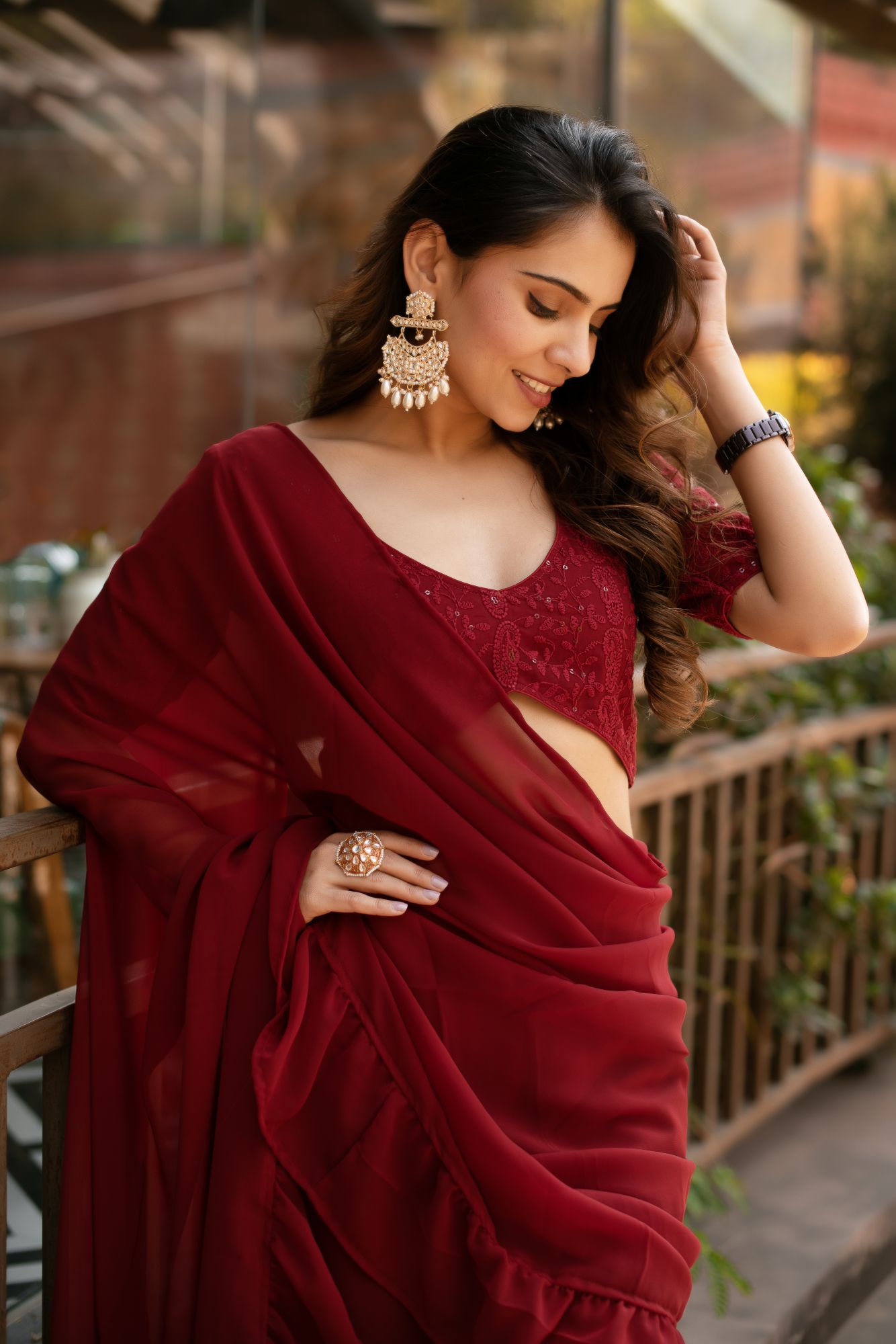 Carmine Maroon Georgette Embroided Prestitch Saree Sharara Set