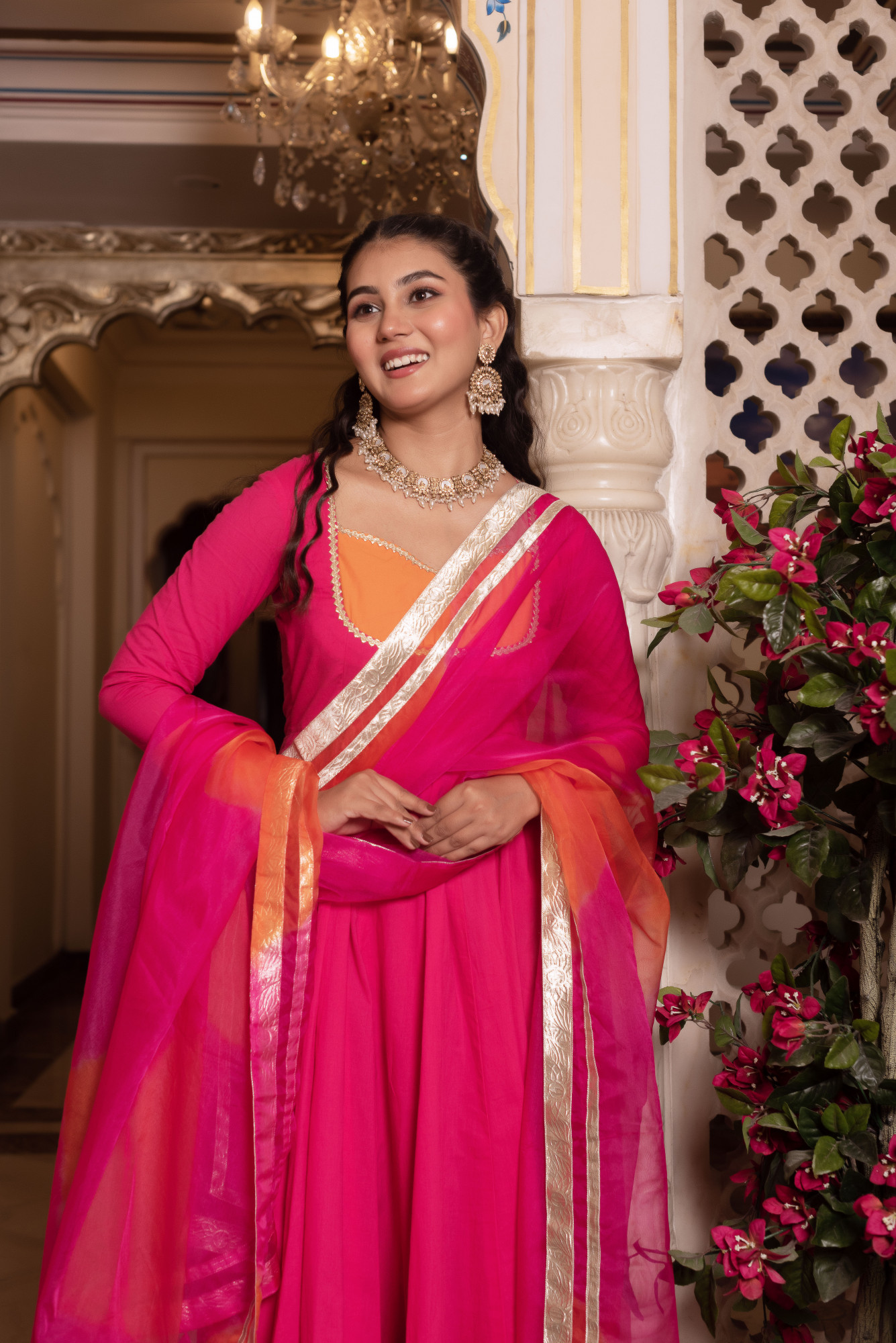 Nur Pink and orange Anarkali Suit Set