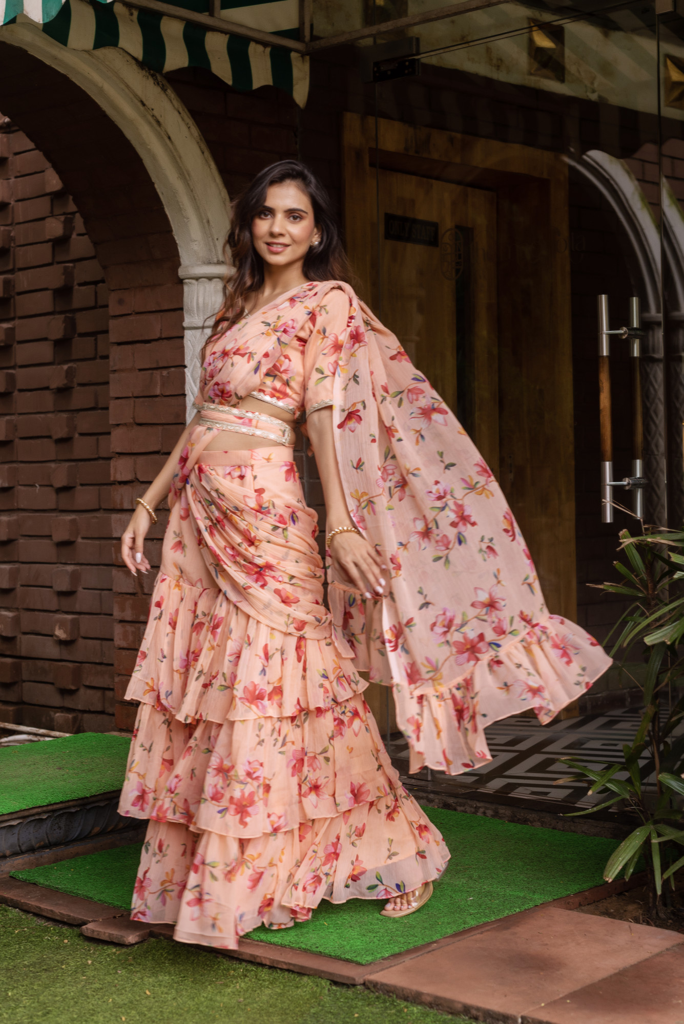 Peach Chiffon Printed Ready To Drape Saree